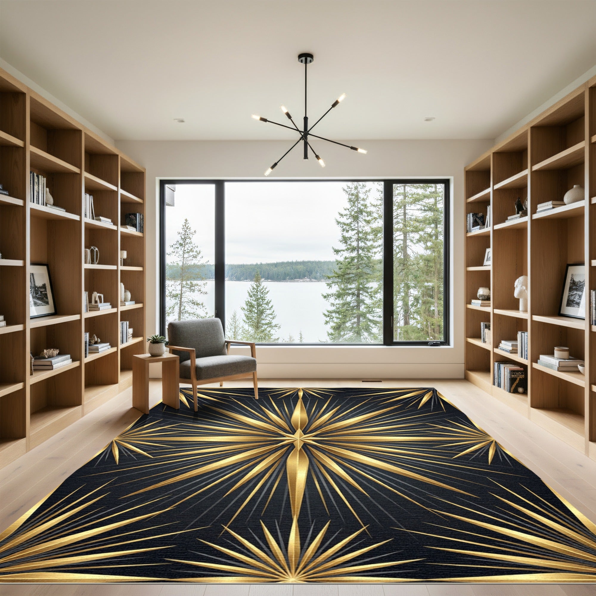 Radiant Golden Starburst Sunburst Geometric Art Rug