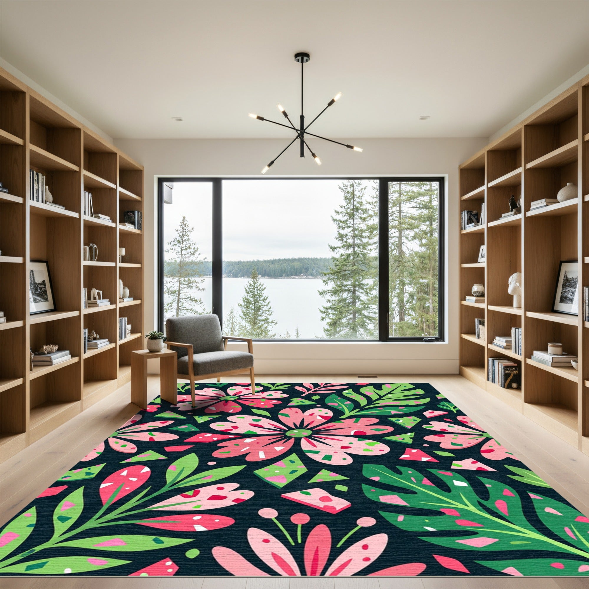 Vibrant Pink Floral Tropical Leaves Rug