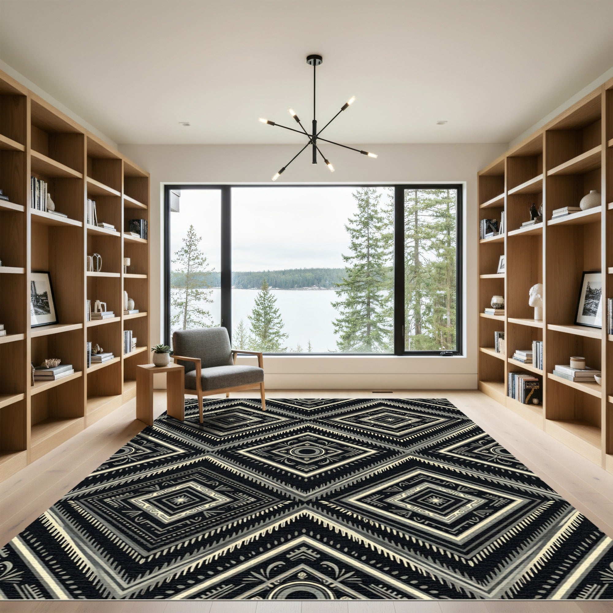 Black Cream Diamond Geometric Pattern Rug