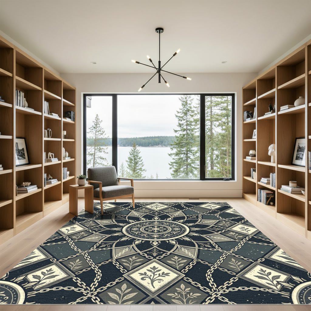 Dark Gray Chain Medallion Floral Diamonds Rug