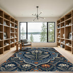 Elegant Navy Lotus Floral Medallion Rug