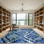 Elegant Navy and Azure Floral Damask Rug