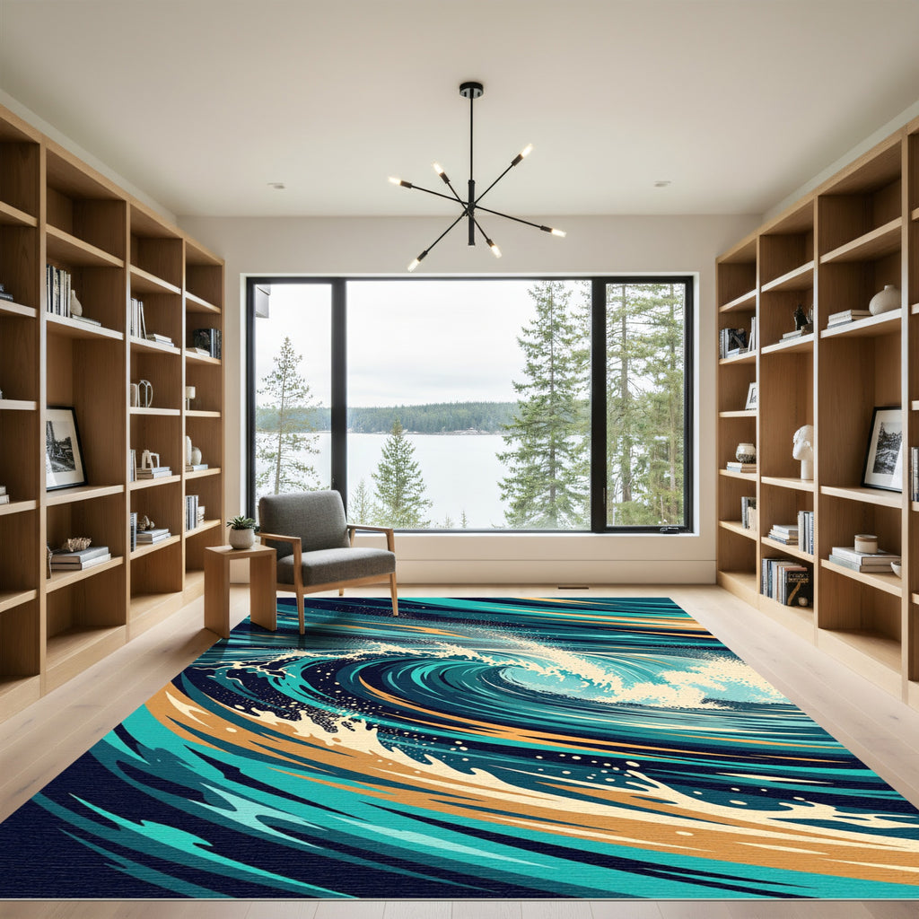 Abstract Teal And Golden Ocean Wave Rug