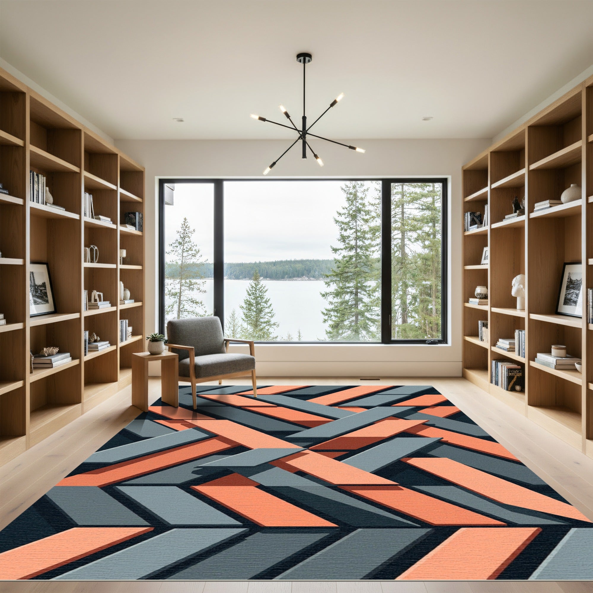 Geometric Salmon and Slate Abstract Interlocking Rug