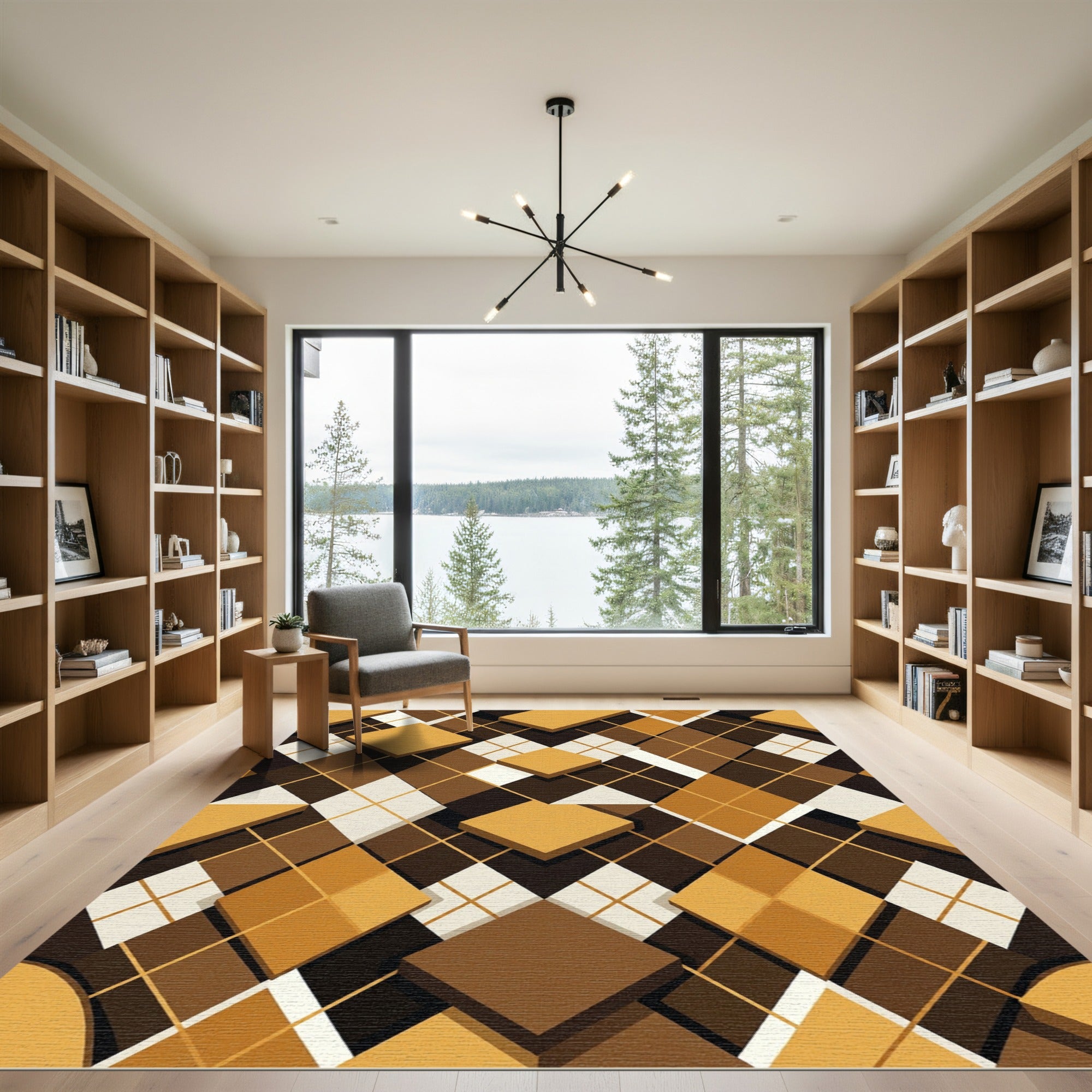 Brown Gold Diamond Interlocking Cubes Rug