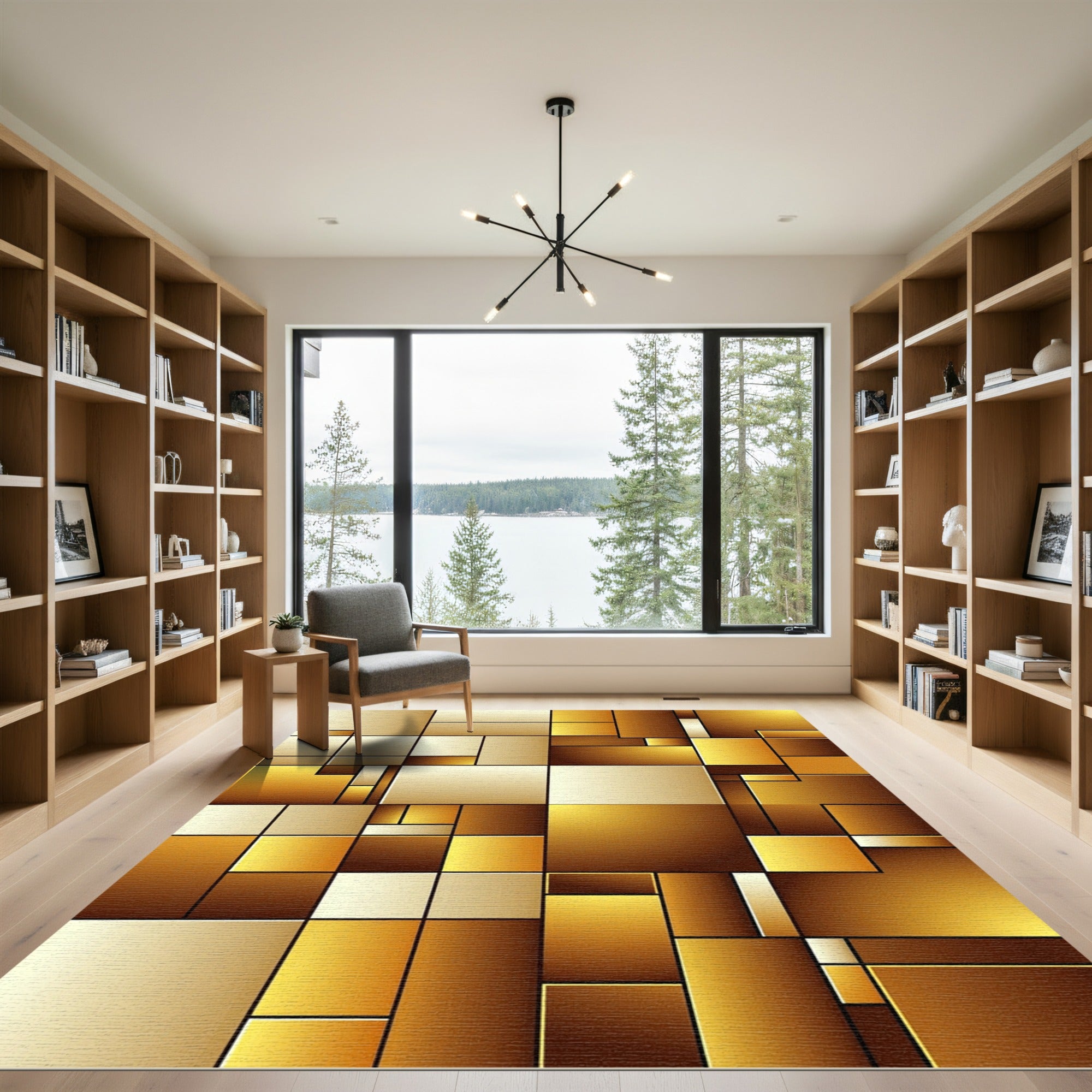 Modern Golden Geometric Abstract Block Rug