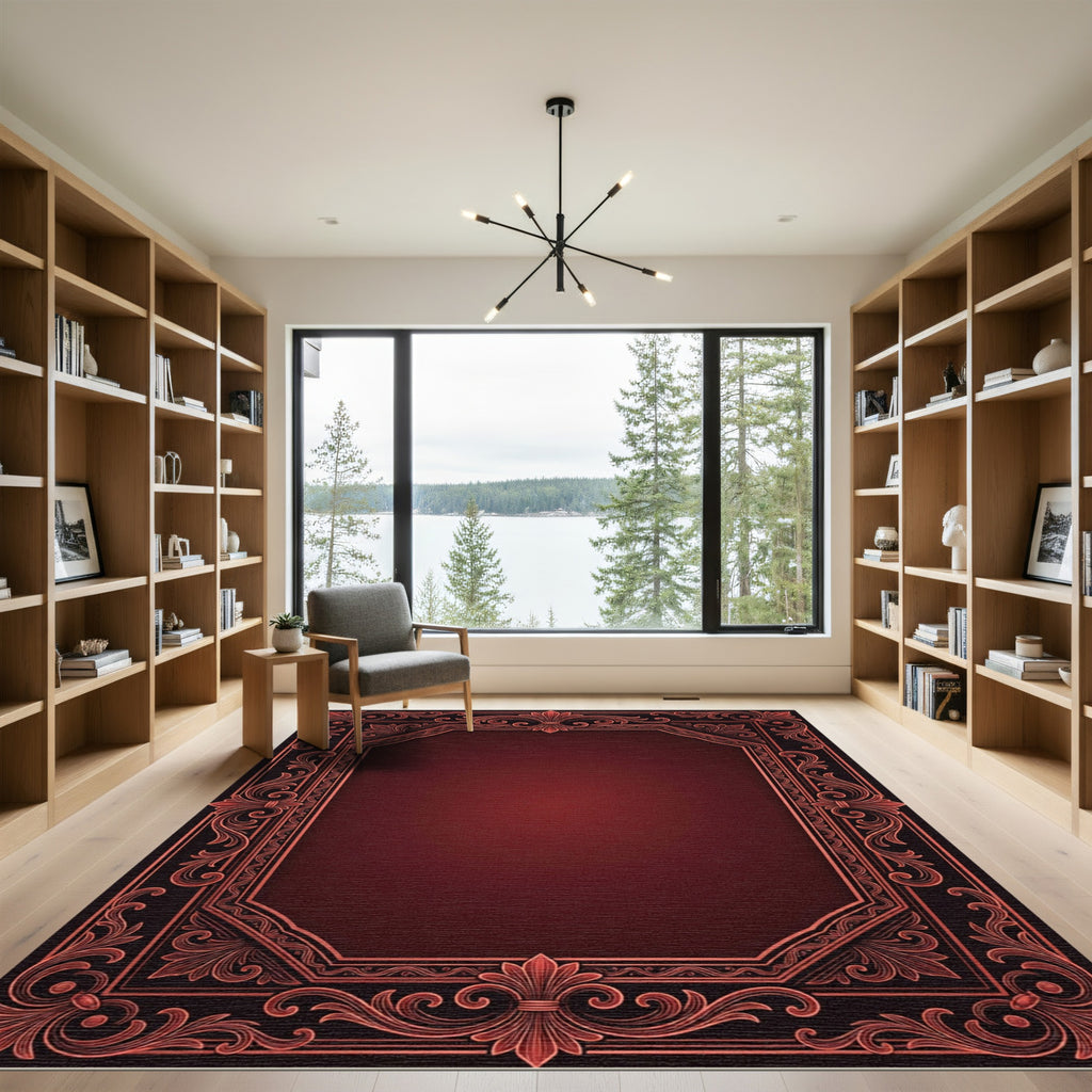 Ornate Crimson Filigree Damask Frame Rug