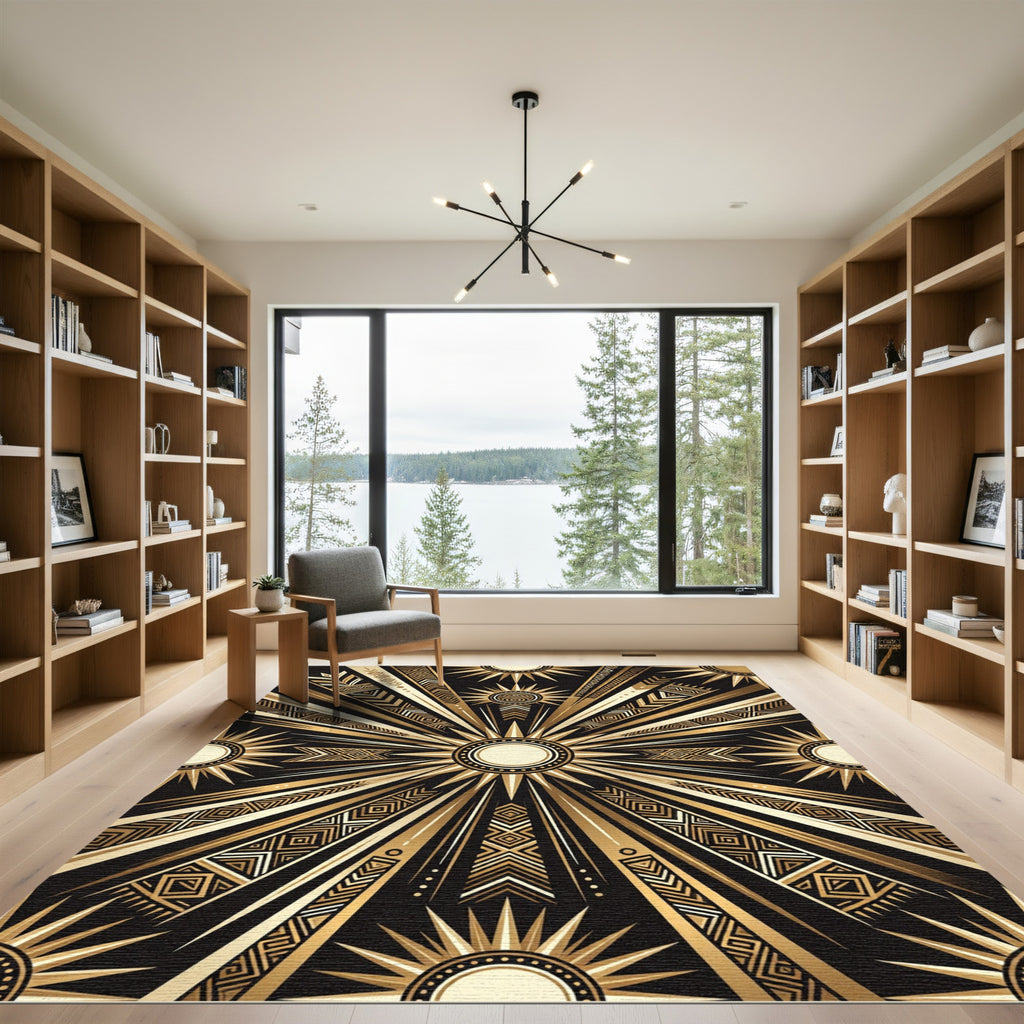 Radiant Gold Sunburst Geometric Rug