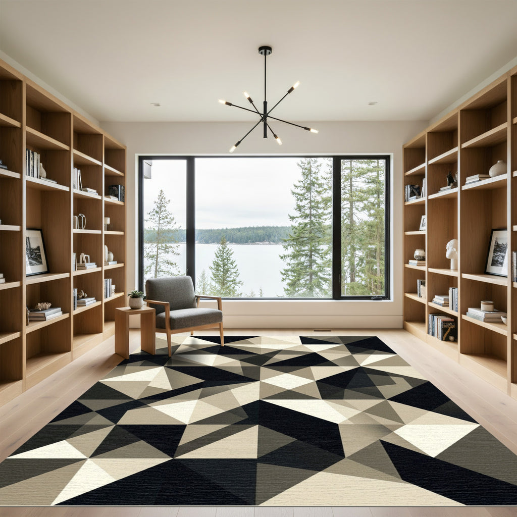 Monochrome Geometric Abstract Angular Art Rug