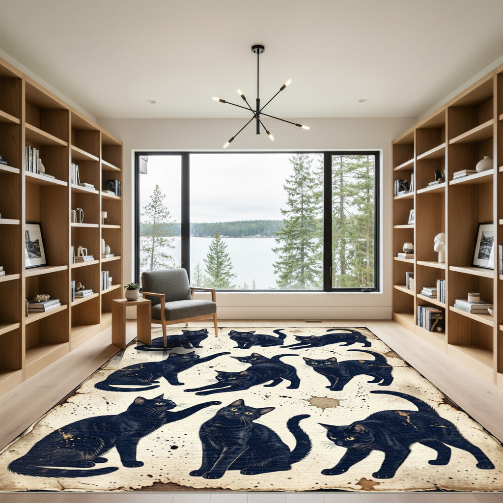 Vintage Black Cat Illustration Sketch Rug