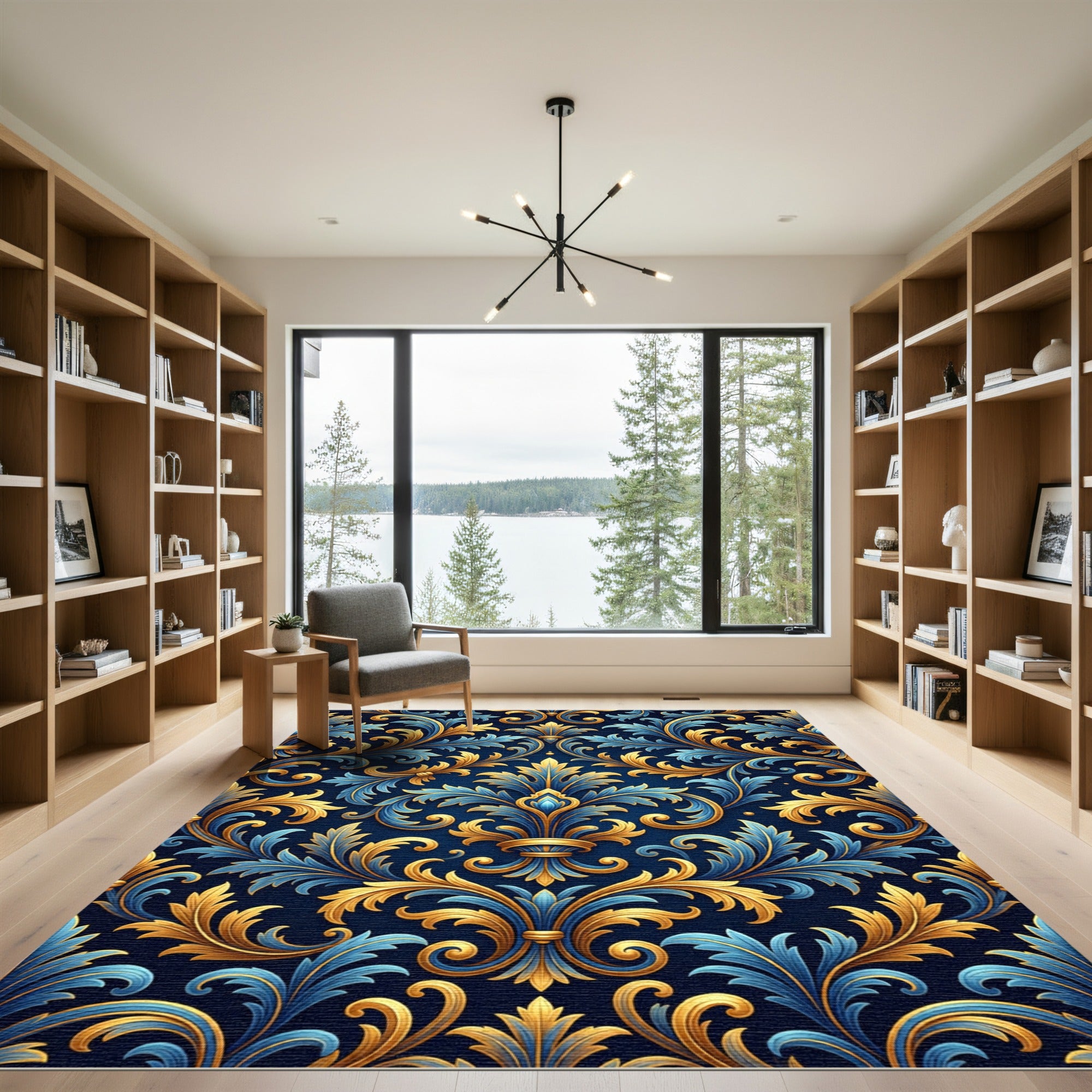 Ornate Royal Blue Golden Baroque Foliage Rug