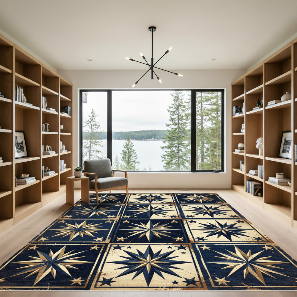 Vintage Nautical Navy Gold Compass Grid Rug