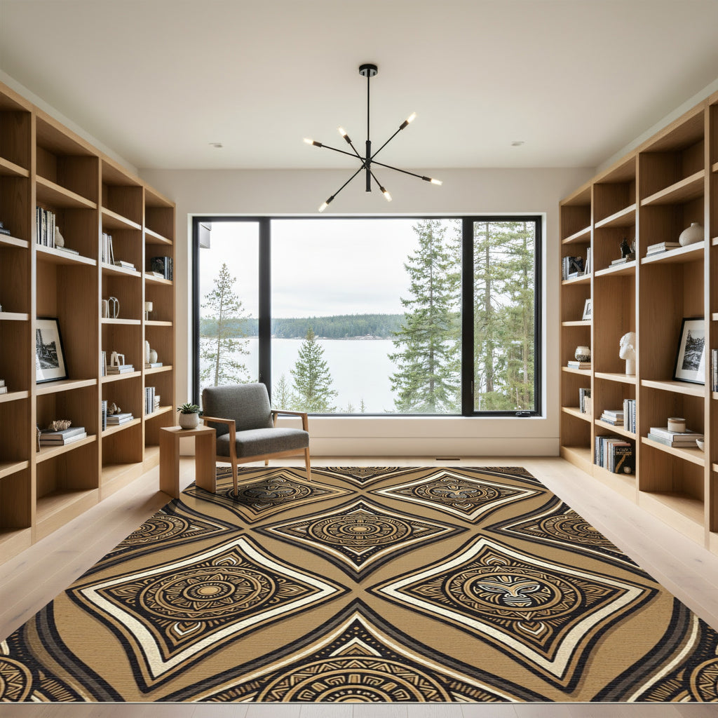 Golden Tribal Face Diamond Pattern Rug