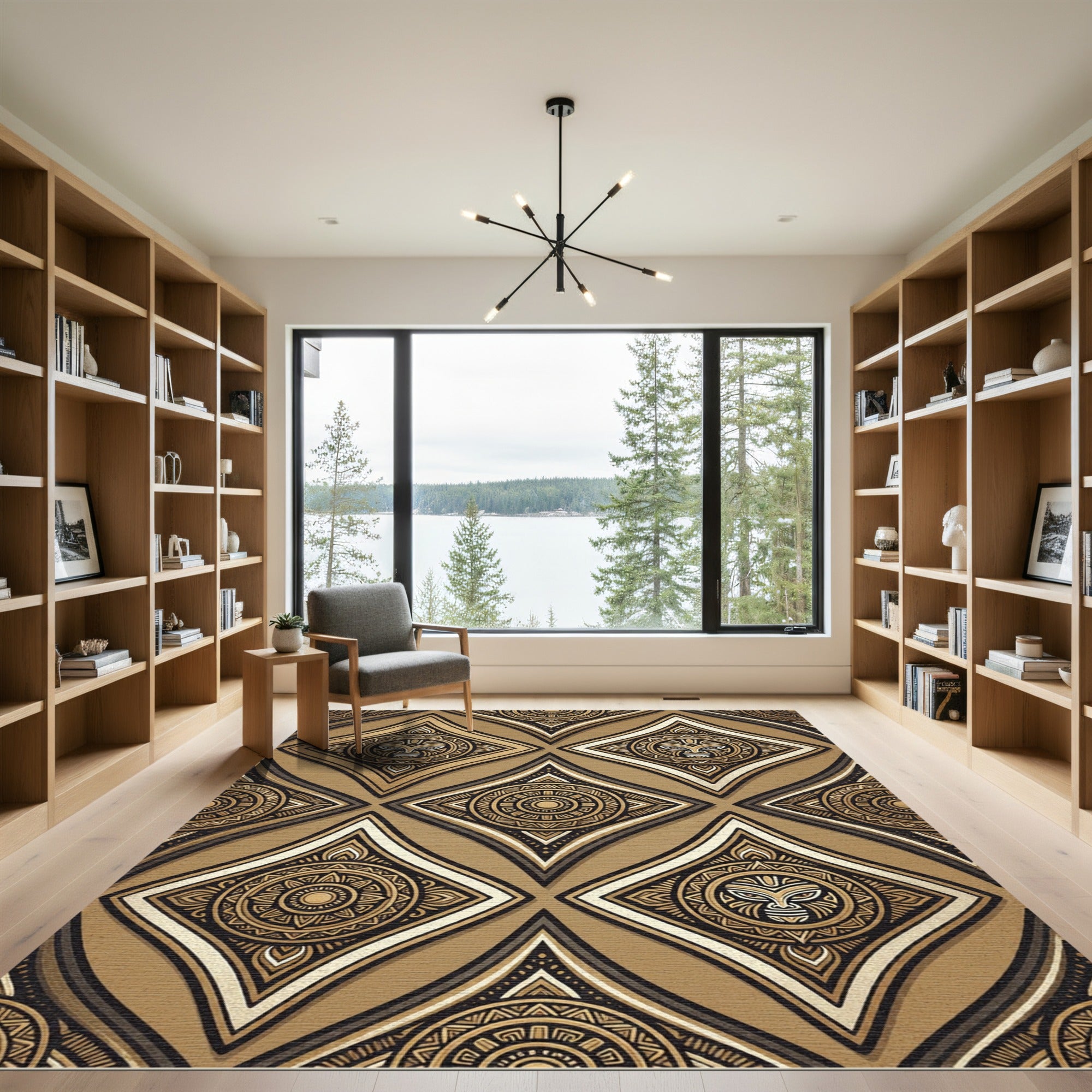 Golden Tribal Face Diamond Pattern Rug