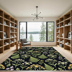 Black Botanical Garden Floral Arrangement Rug
