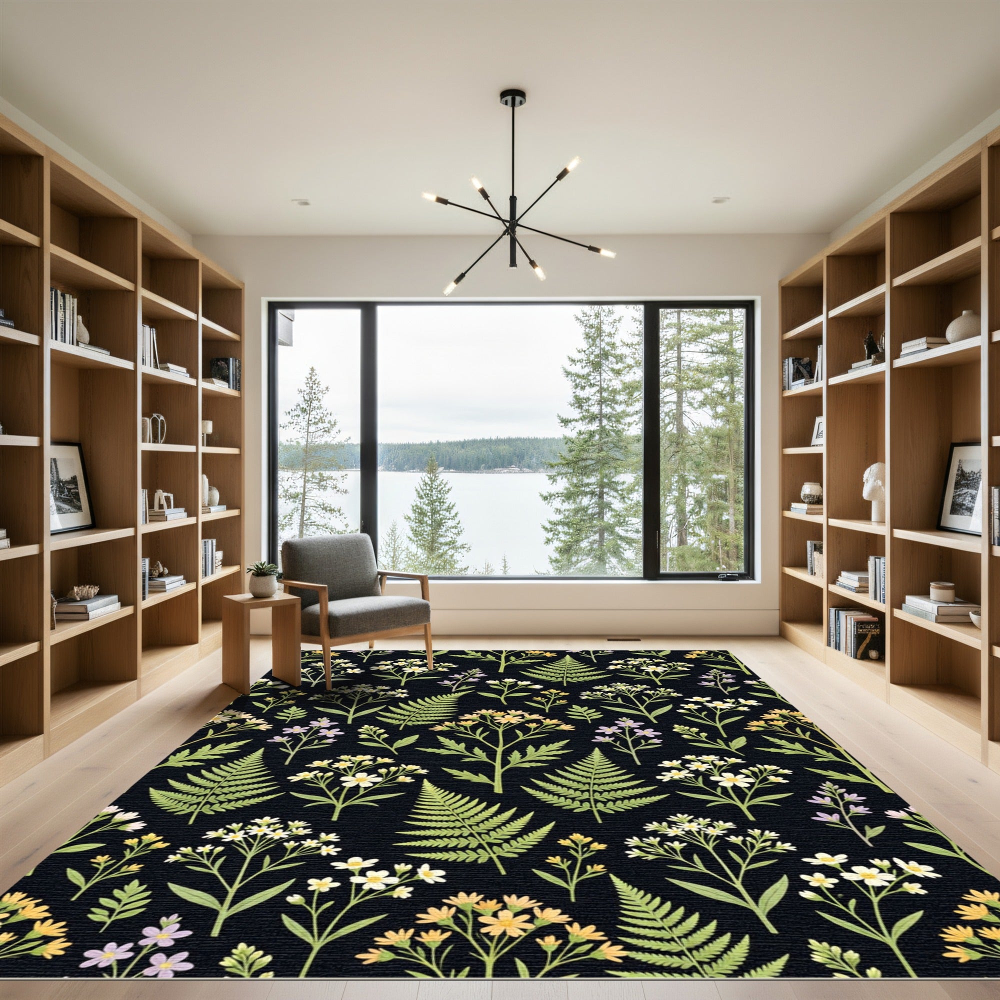 Black Botanical Garden Floral Arrangement Rug