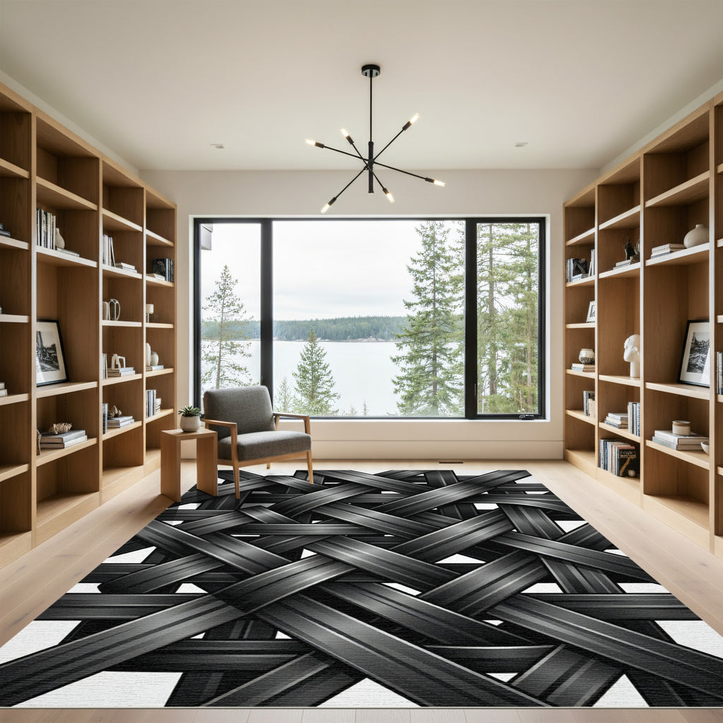Modern Black Interwoven Metallic Ribbon Rug