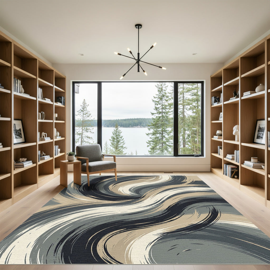 Modern Charcoal Beige Abstract Swirl Rug