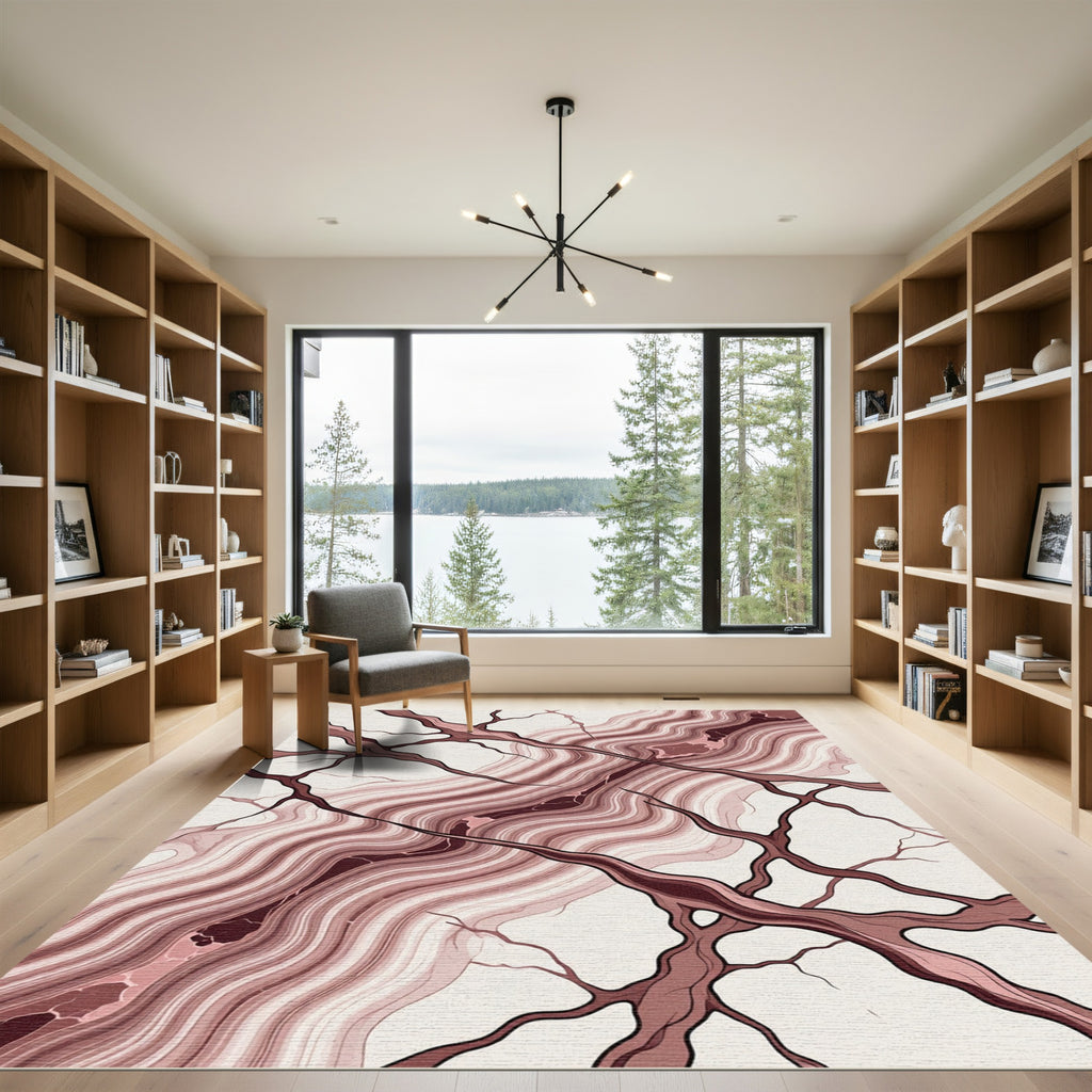 Crimson Swirl Veined Branch Art Rug