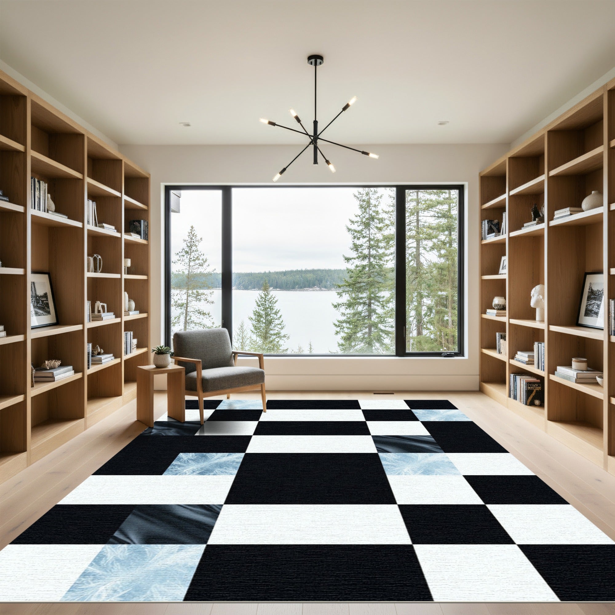 Cool Frosty Black White Squares Rug