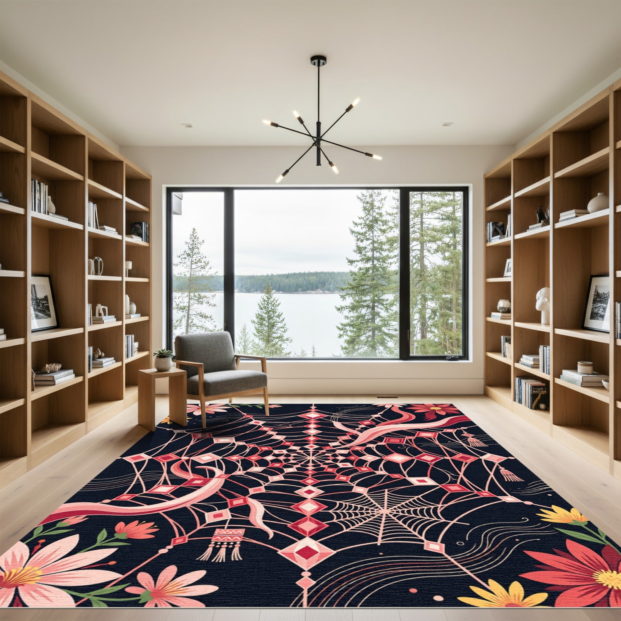 Ethereal Crimson Floral Spider Web Rug