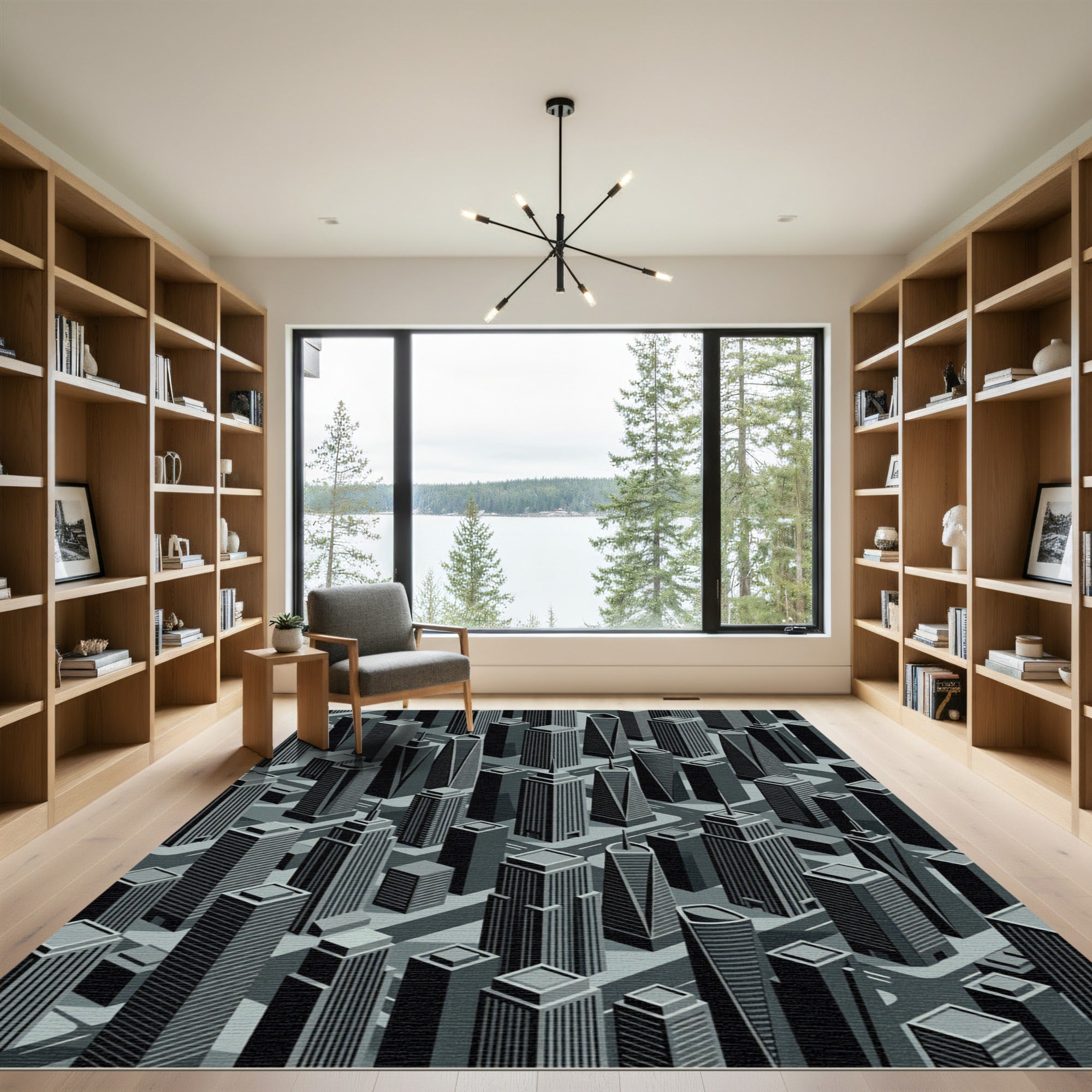 Monochromatic Downtown Skyscraper Cityscape Rug