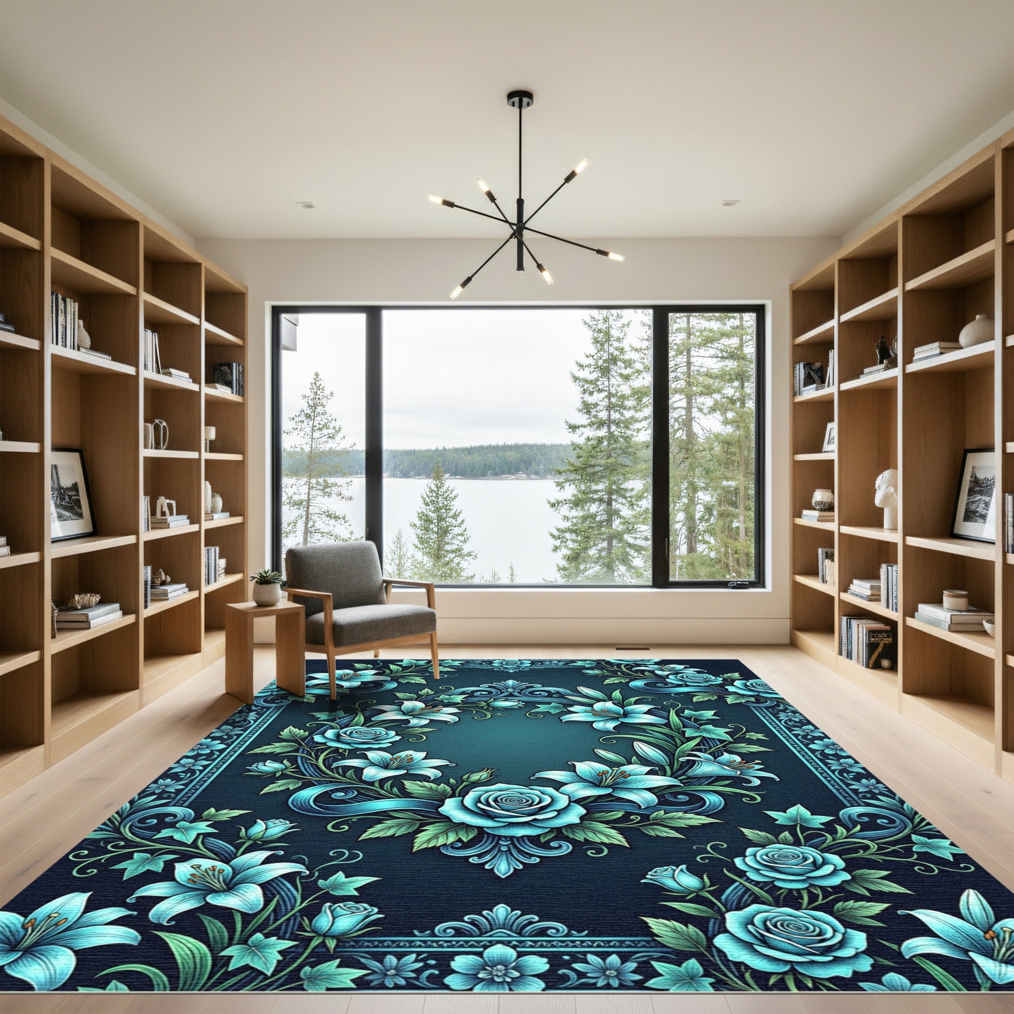 Elegant Teal Floral Frame Garden Rug