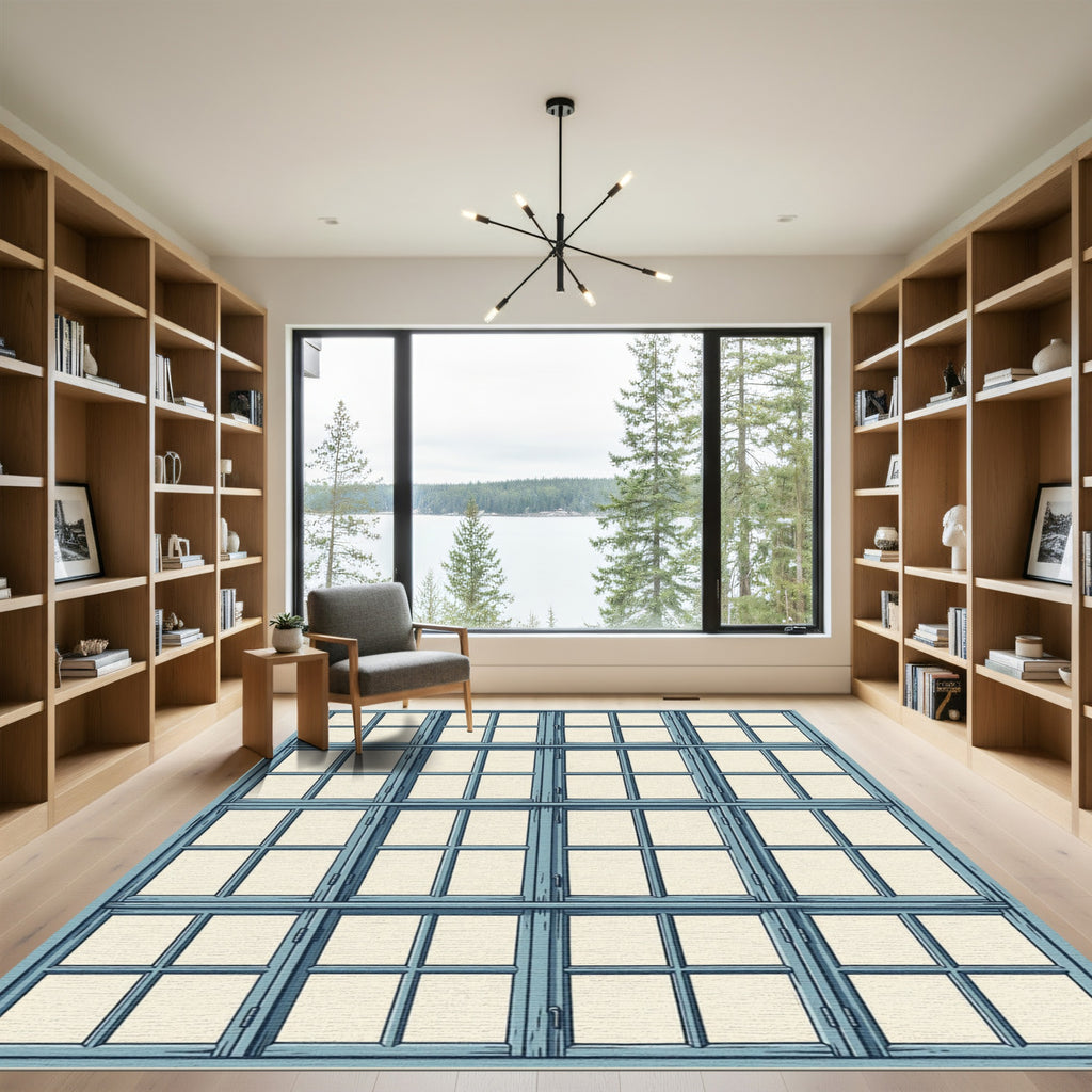 Geometric Blue Gridded Window Pane Rug
