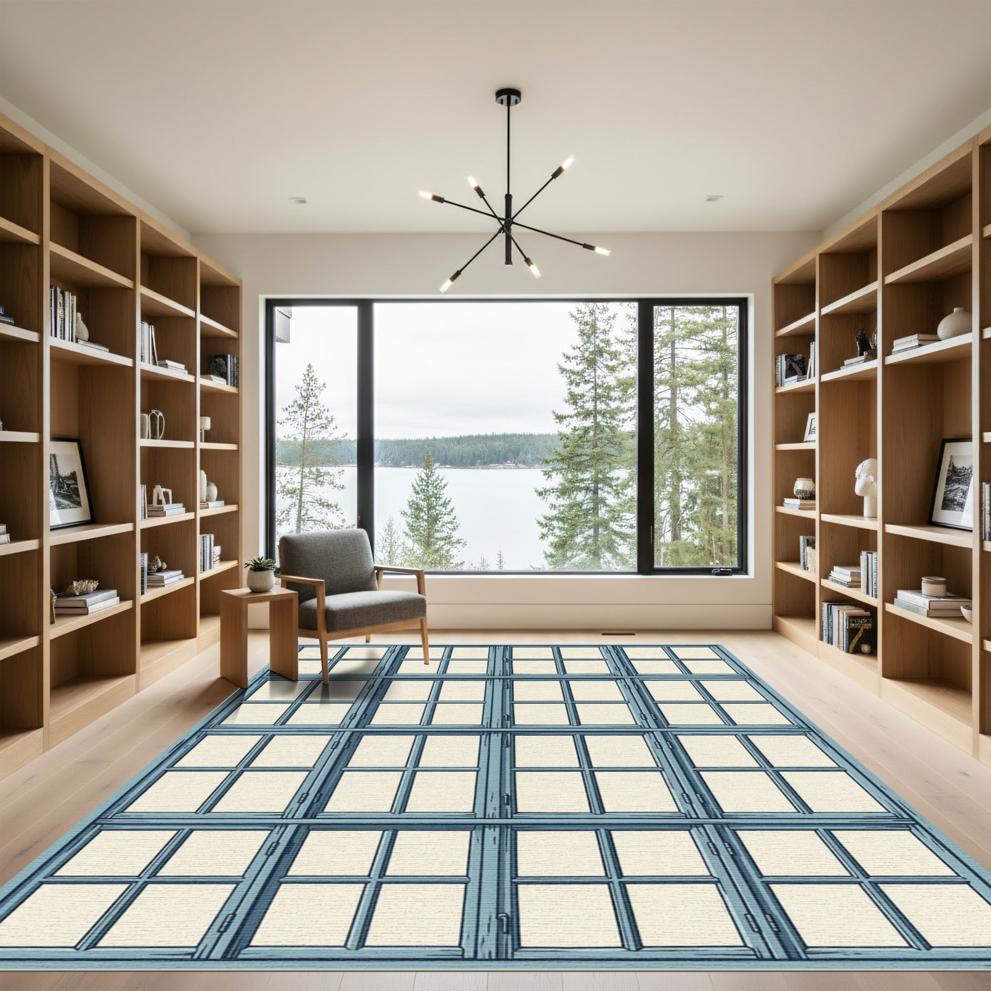 Geometric Blue Gridded Window Pane Rug