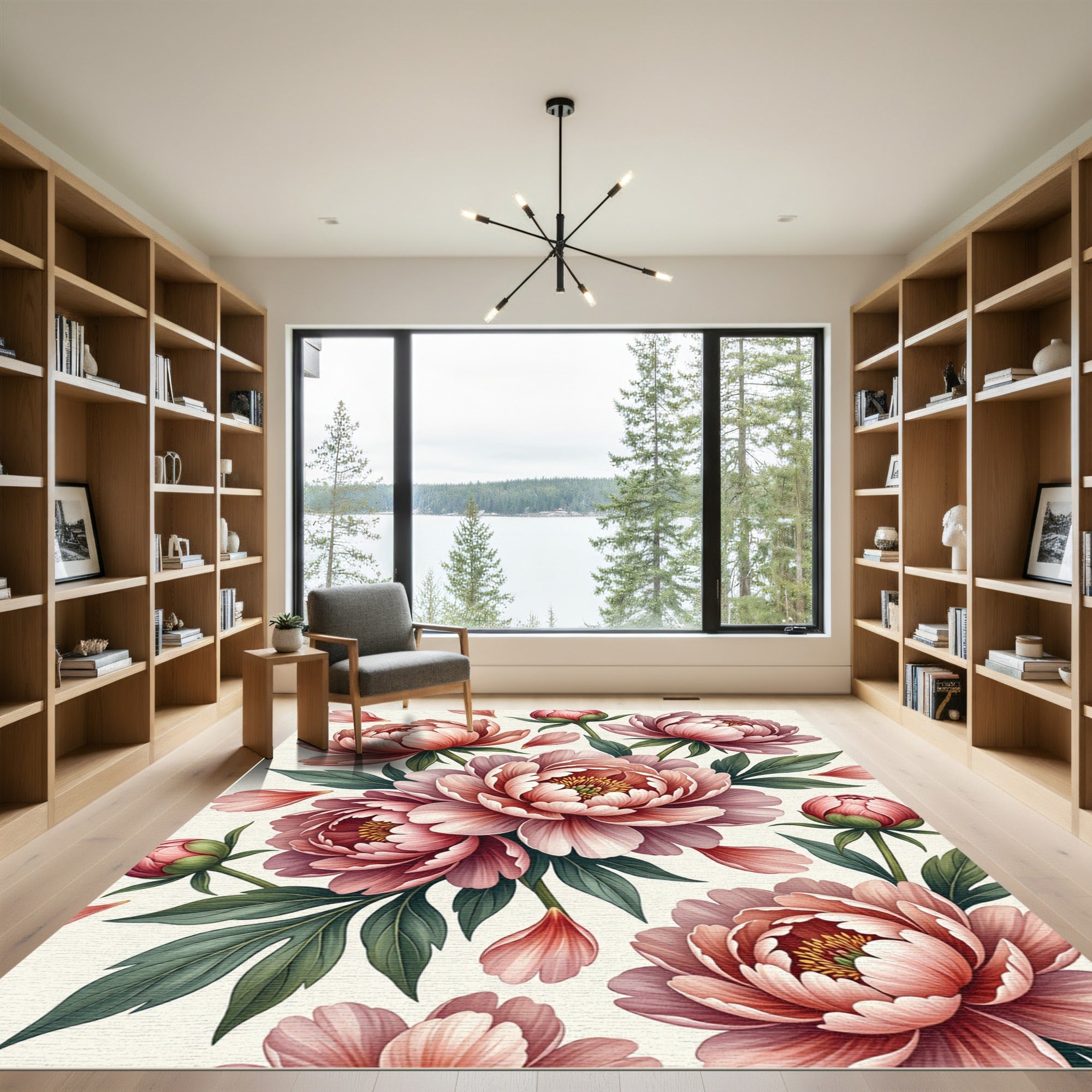 Elegant Blush Peony Botanical Bouquet Rug