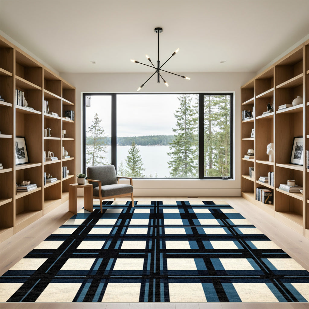 Classic Blue Crosshatch Grid Rug