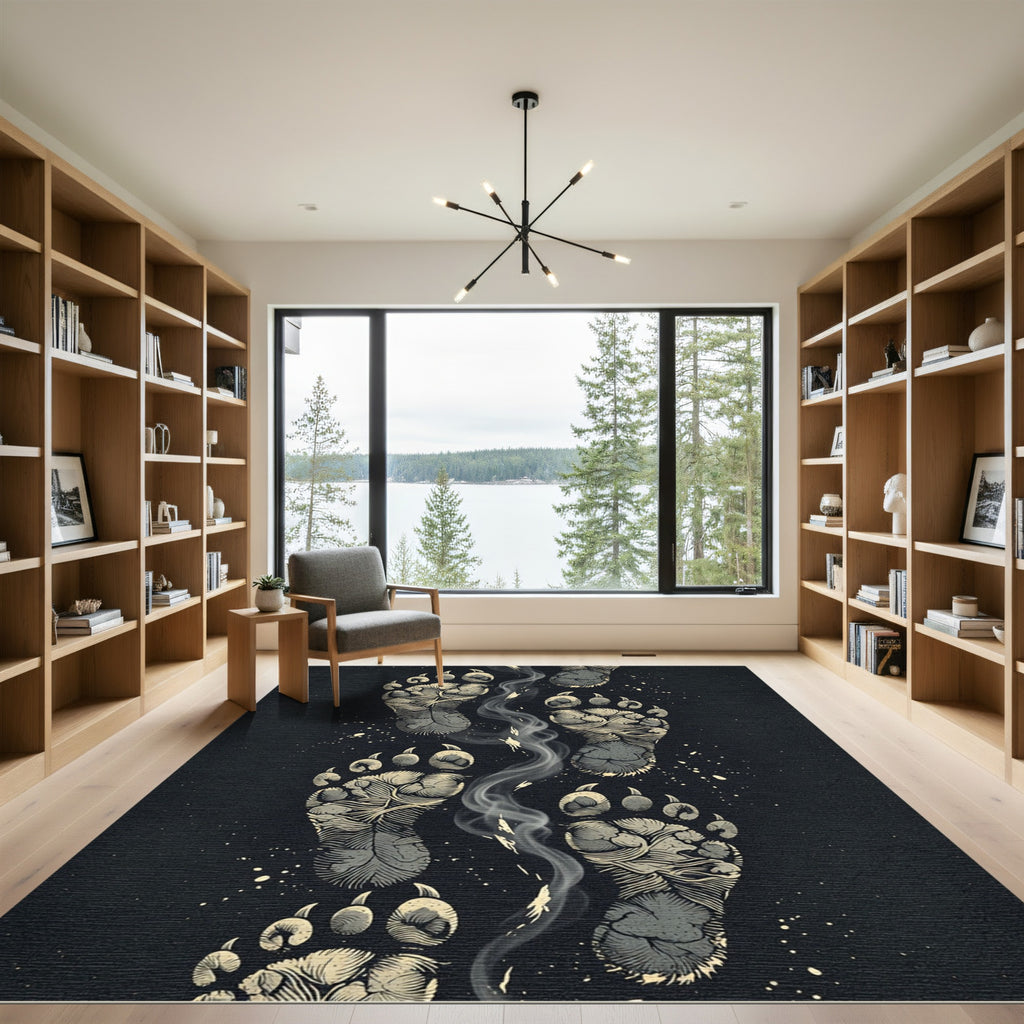 Grayscale Paw Prints Smoke Trails Rug