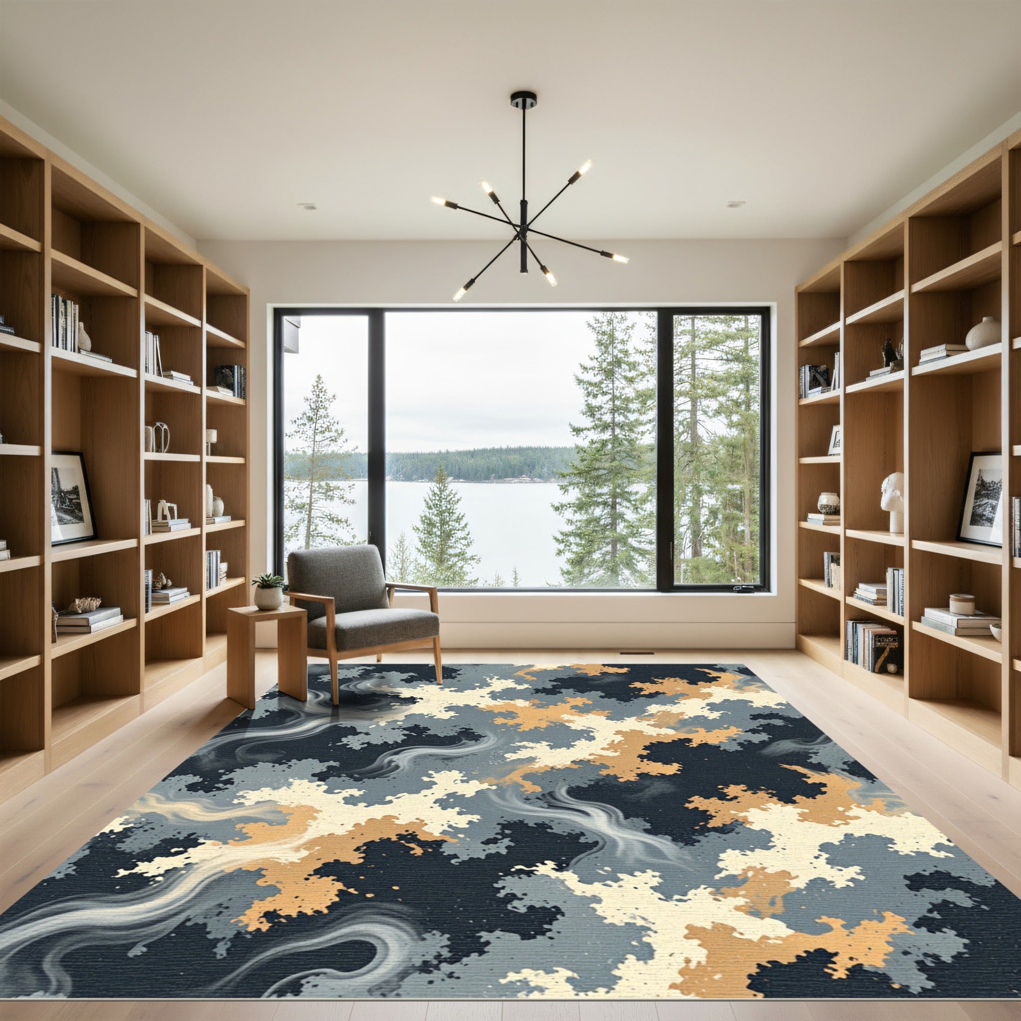 Abstract Teal Gold Swirl Ink Rug