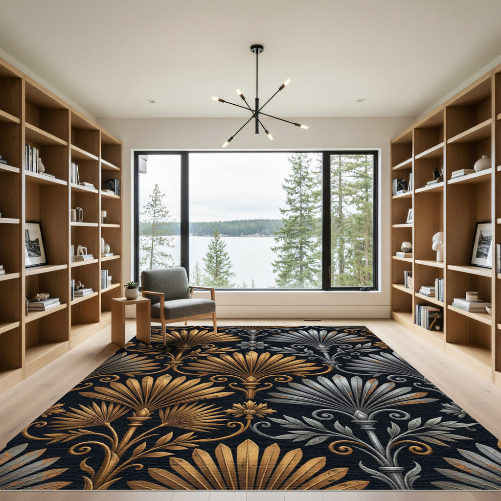 Elegant Gold and Silver Art Deco Palm Rug