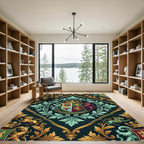 Royal Emerald Crest Gold Heraldic Damask Rug