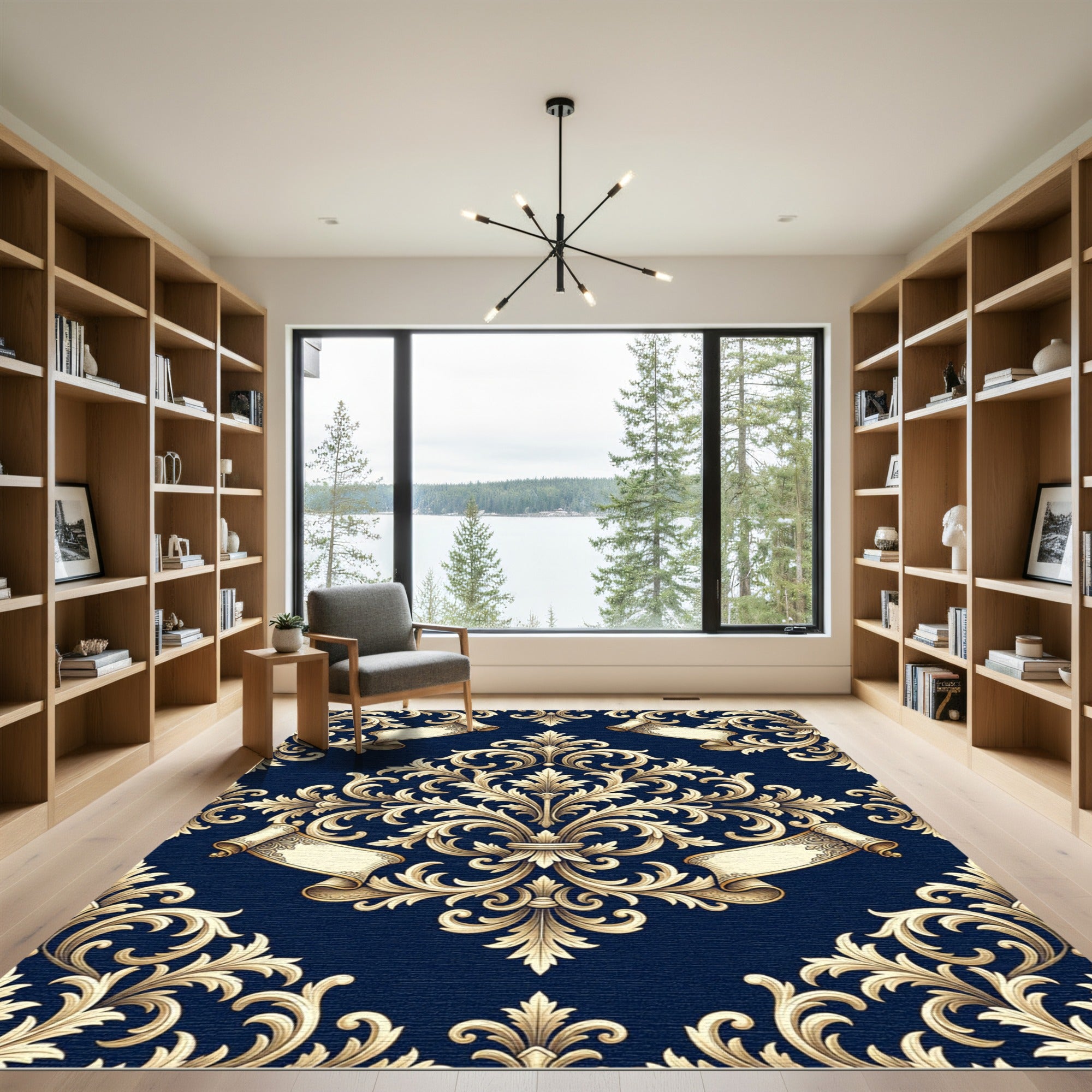 Elegant Navy Gold Baroque Scroll Rug