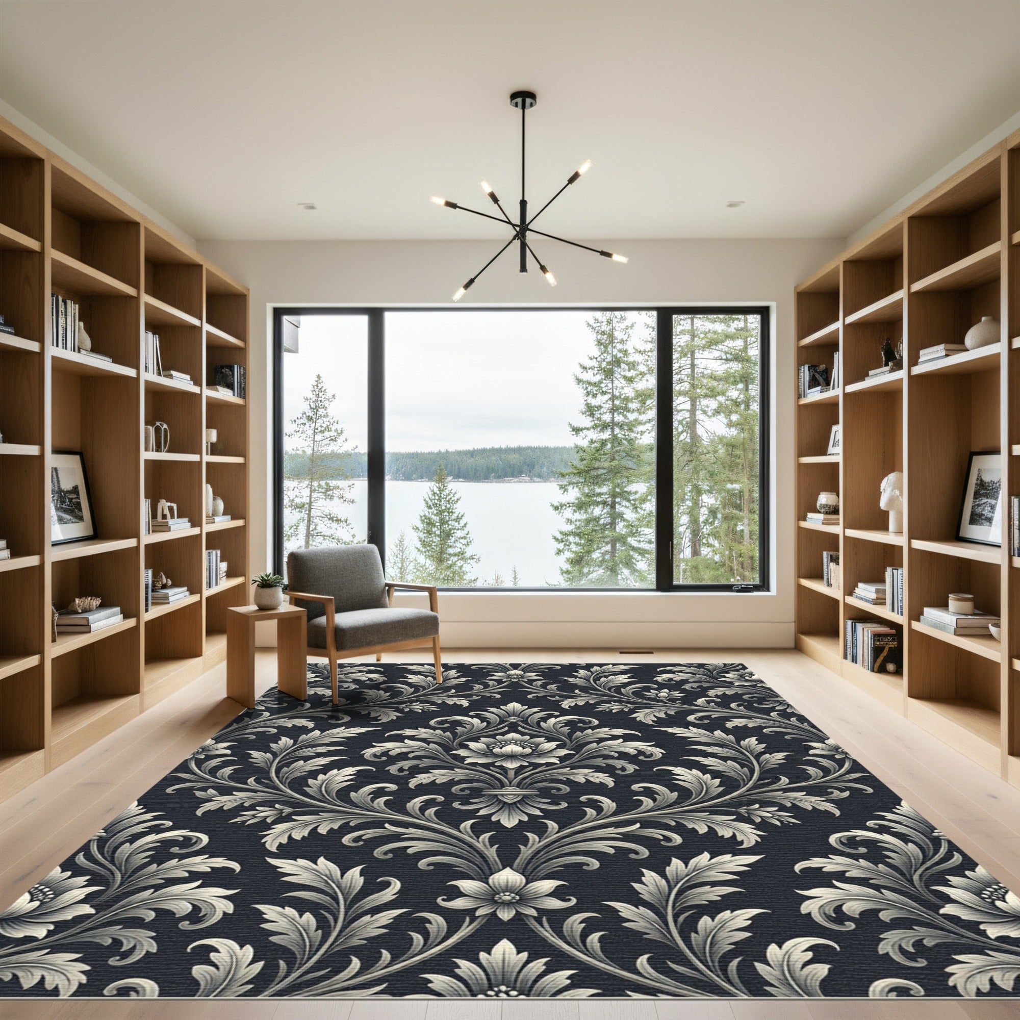 Elegant Charcoal Silver Damask Scroll Rug