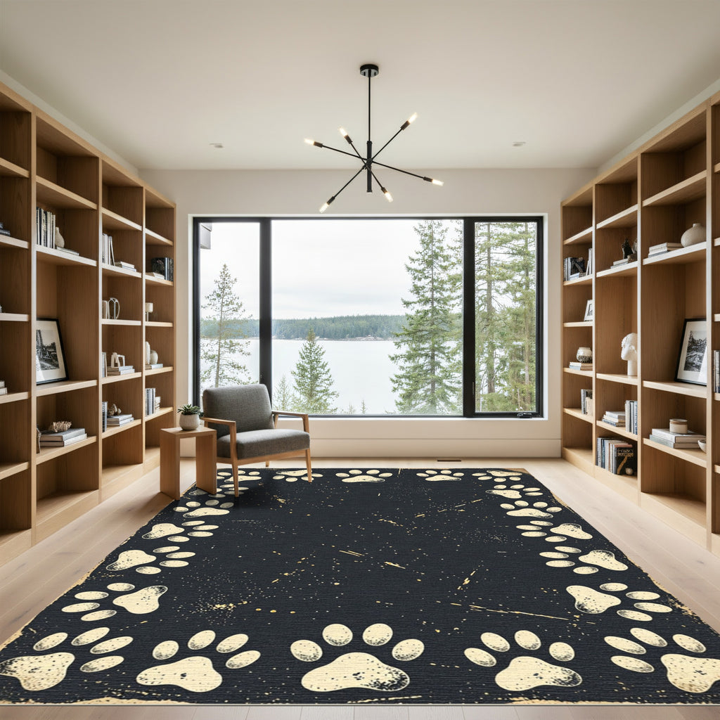 Distressed Black Paw Print Border Rug