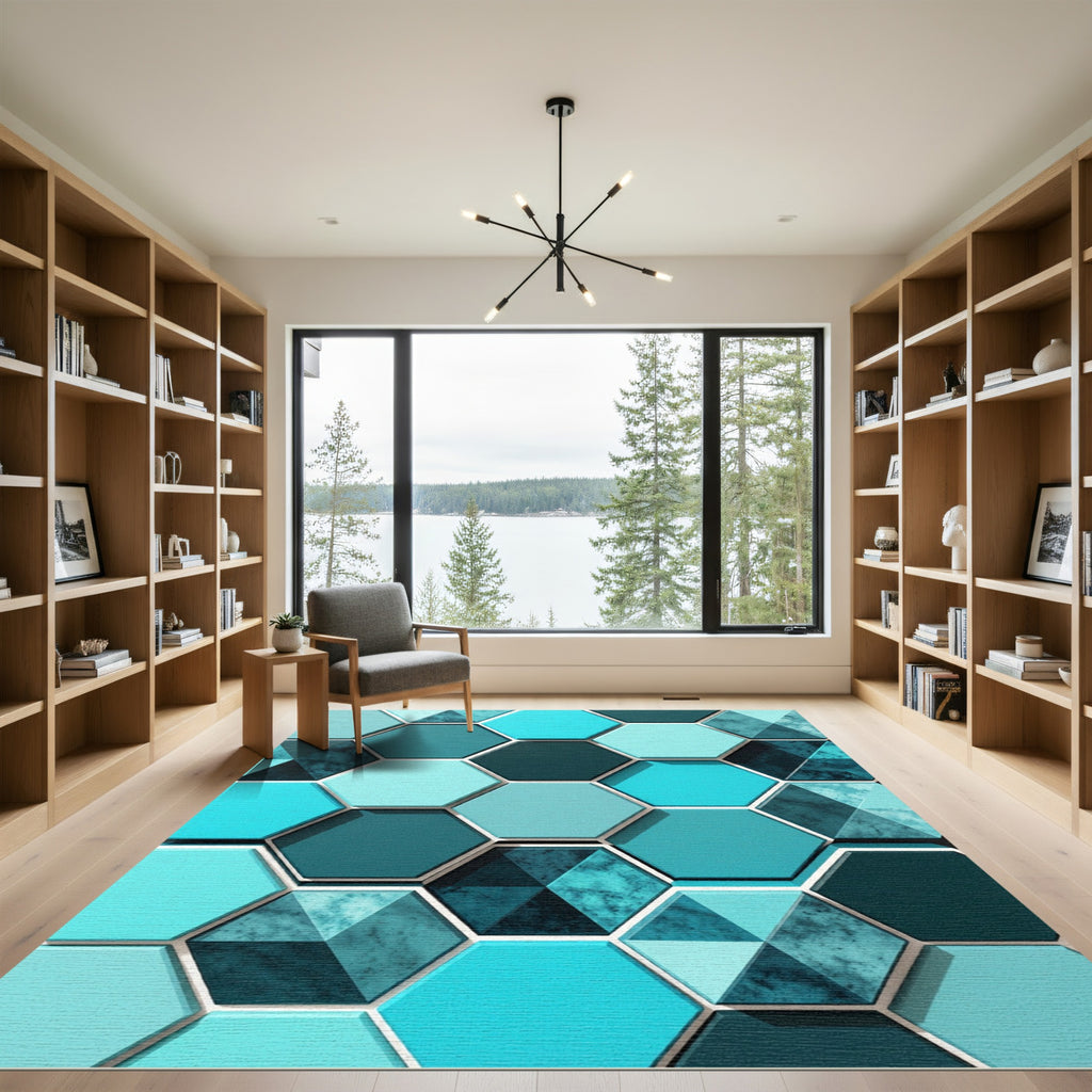 Geometric Teal Hexagon Abstract Art Rug