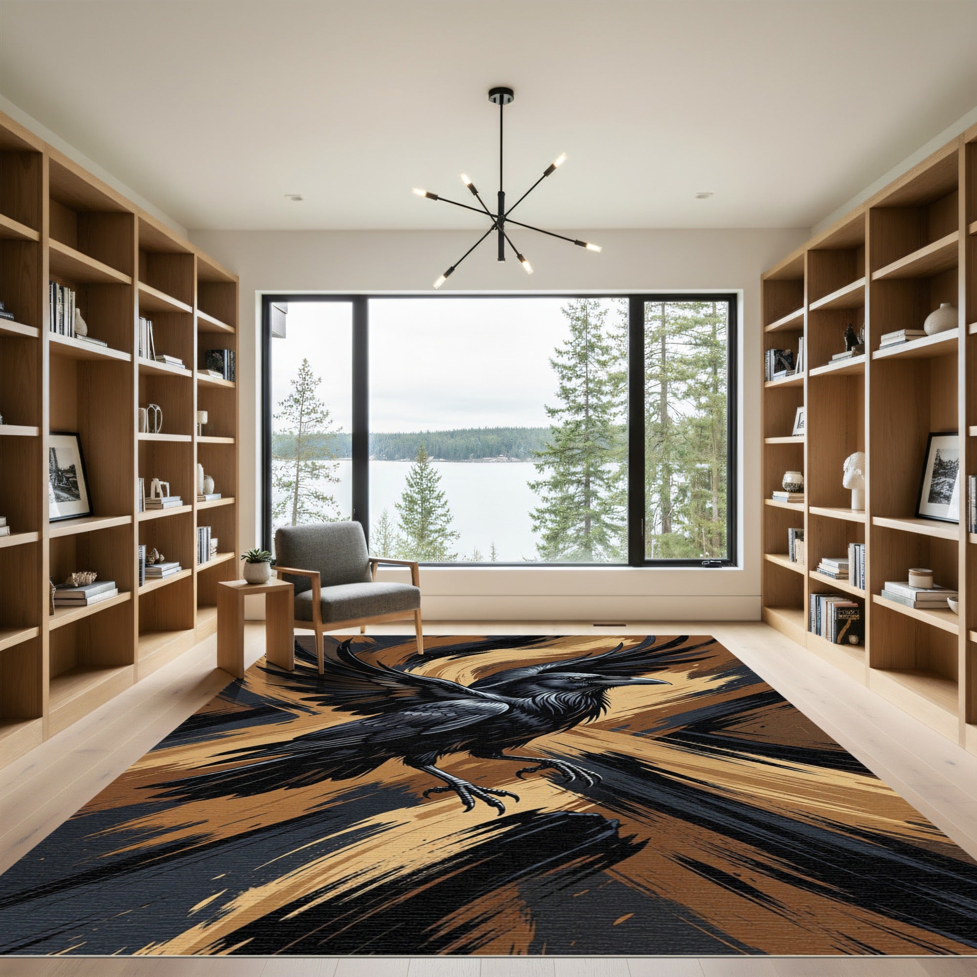 Majestic Black Raven Golden Stroke Art Rug