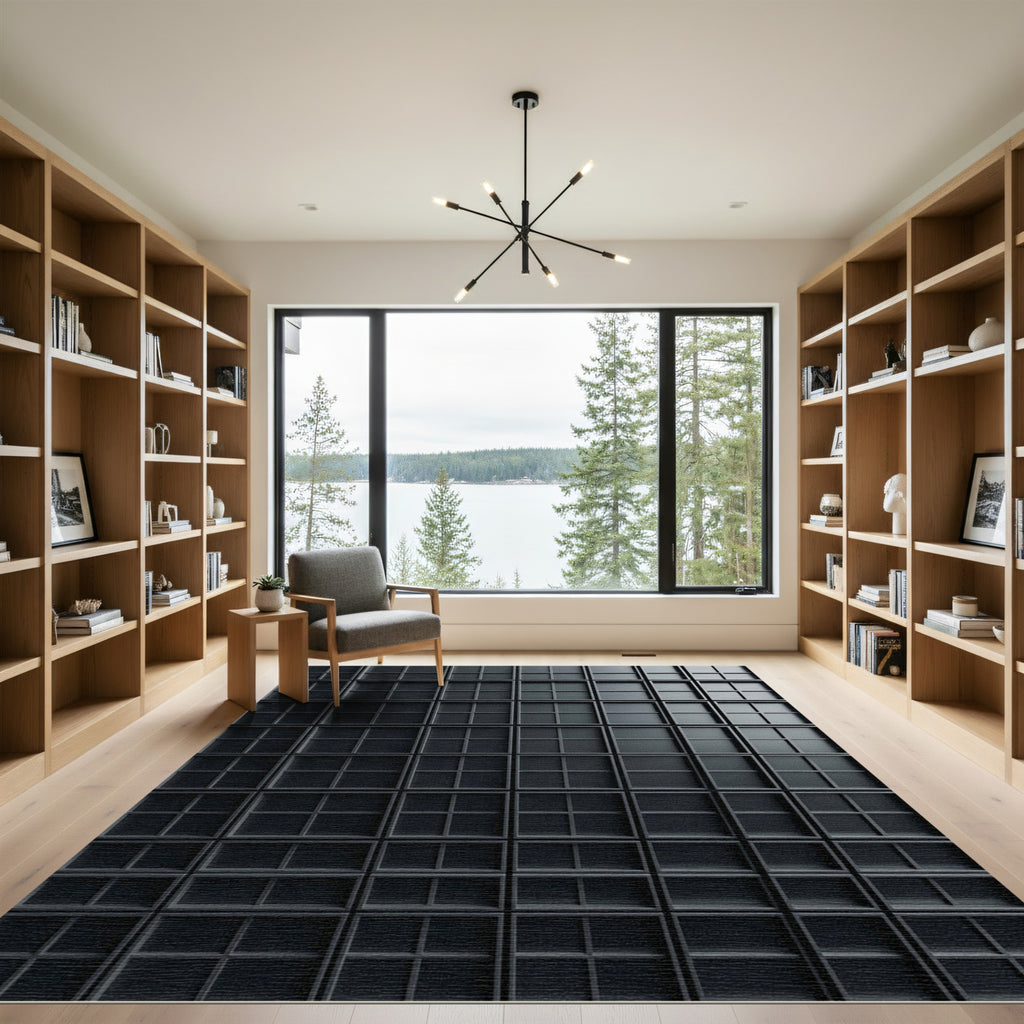Matte Charcoal Geometric Grid Facade Rug
