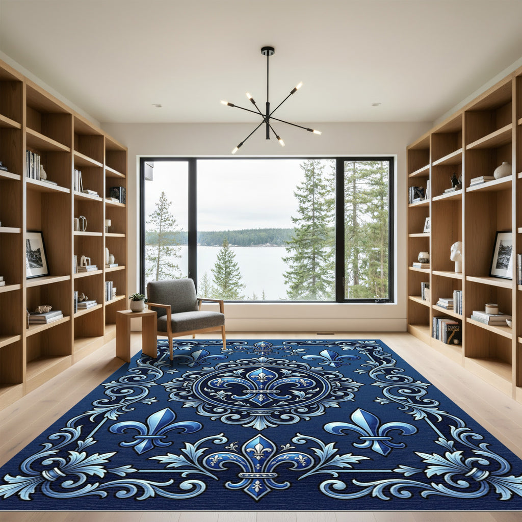 Deep Blue Heraldic Fleur de Lis Rug