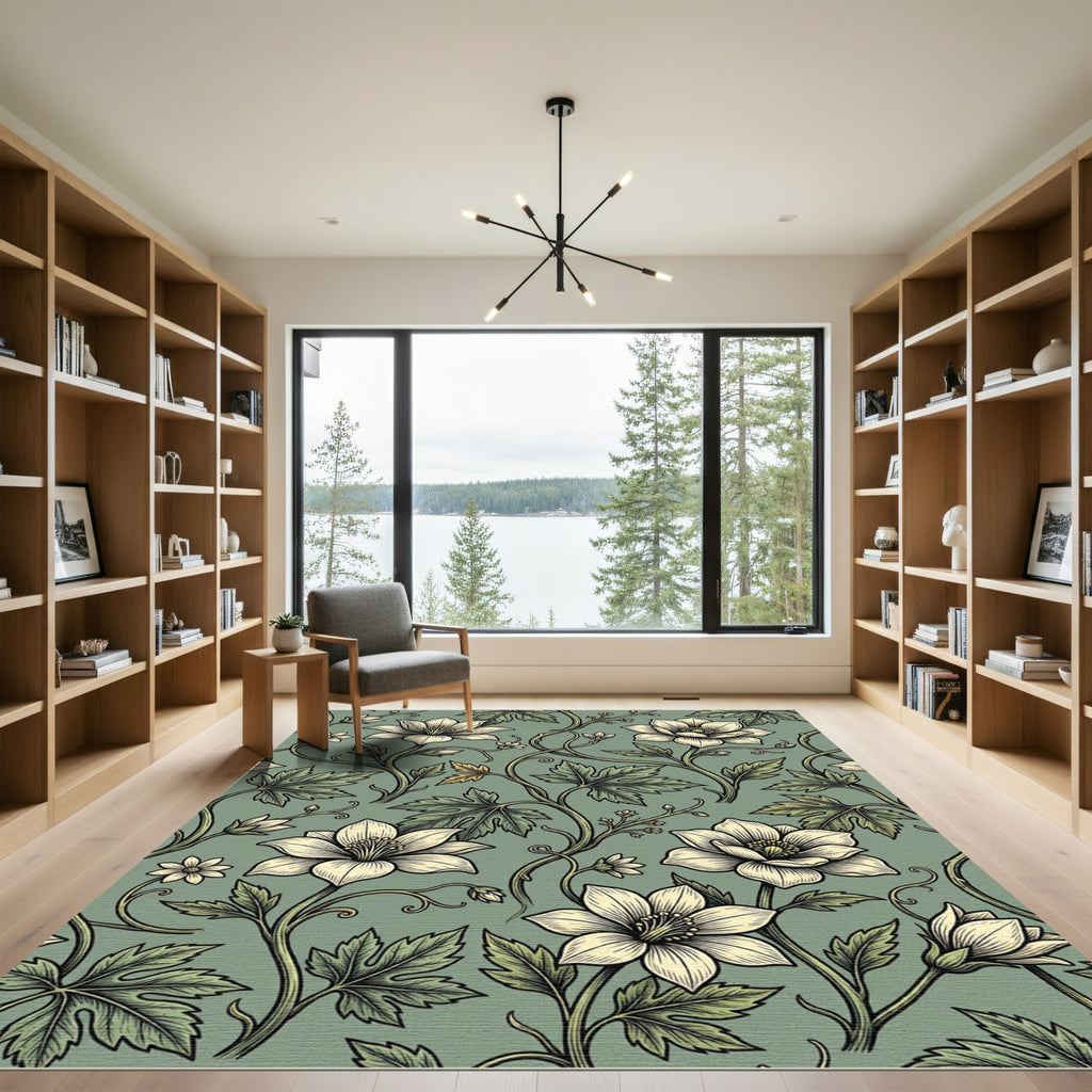 Vintage Sage Green Botanical Clematis Rug