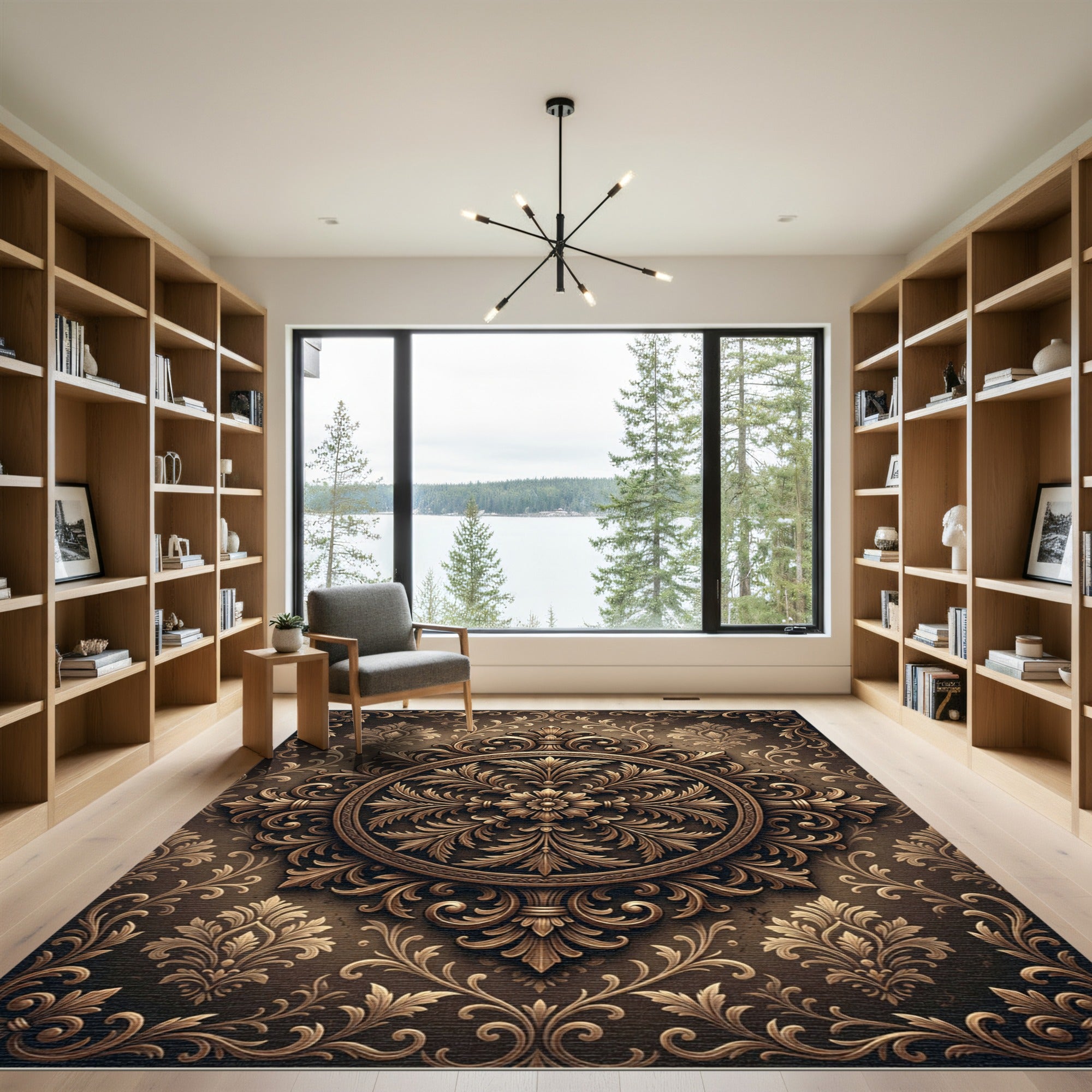 Ornate Bronze Damask Leaf Medallion Rug