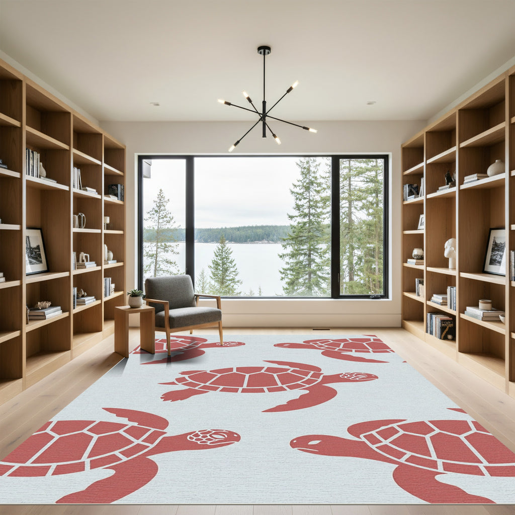 Playful Coral Sea Turtle Geometric Rug