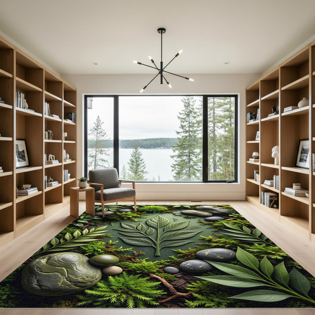 Earthy Green Lithophyte Leaf Composition Rug