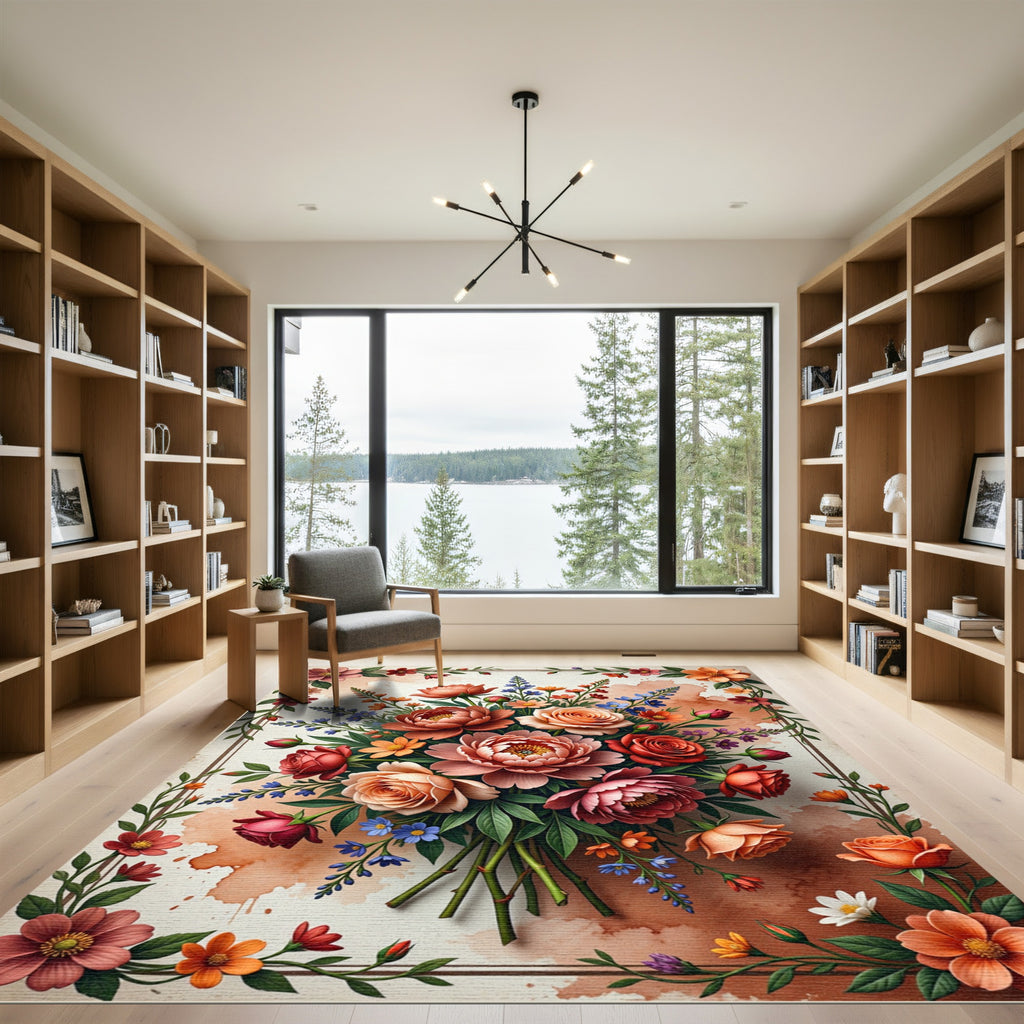 Coral Peony Rose Garden Bouquet Rug