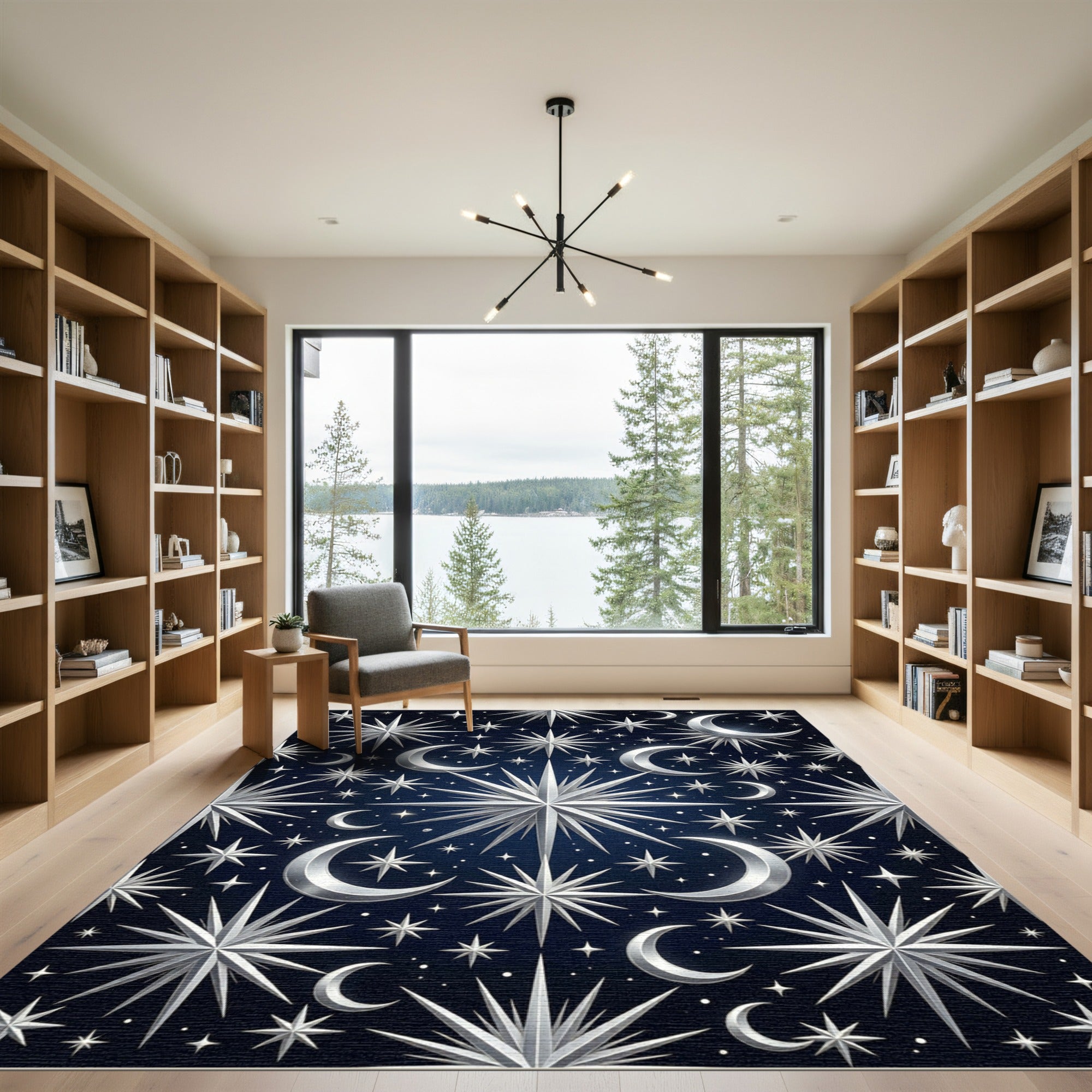 Celestial Silver Moon and Star Night Rug
