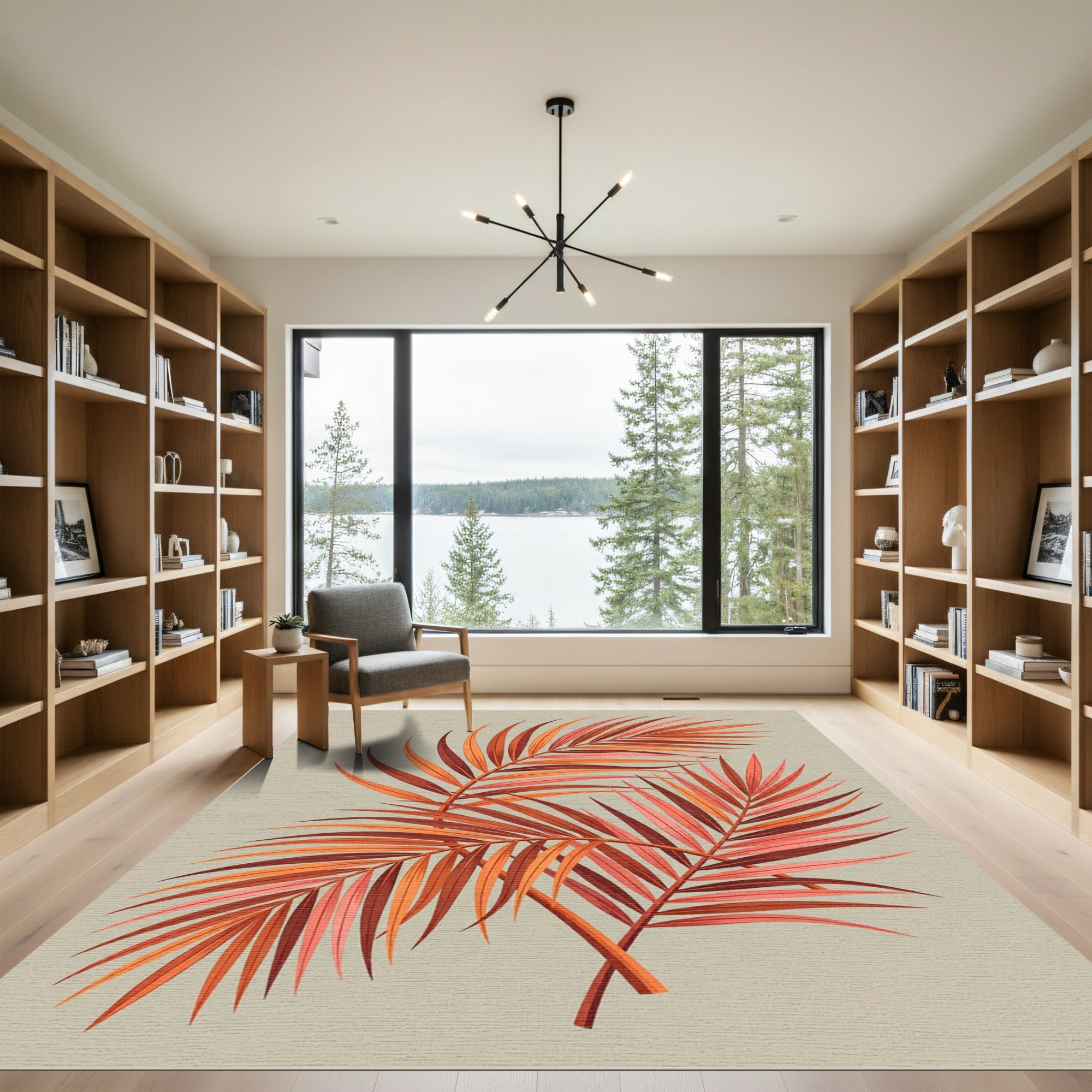 Vibrant Coral Palm Fronds Rug