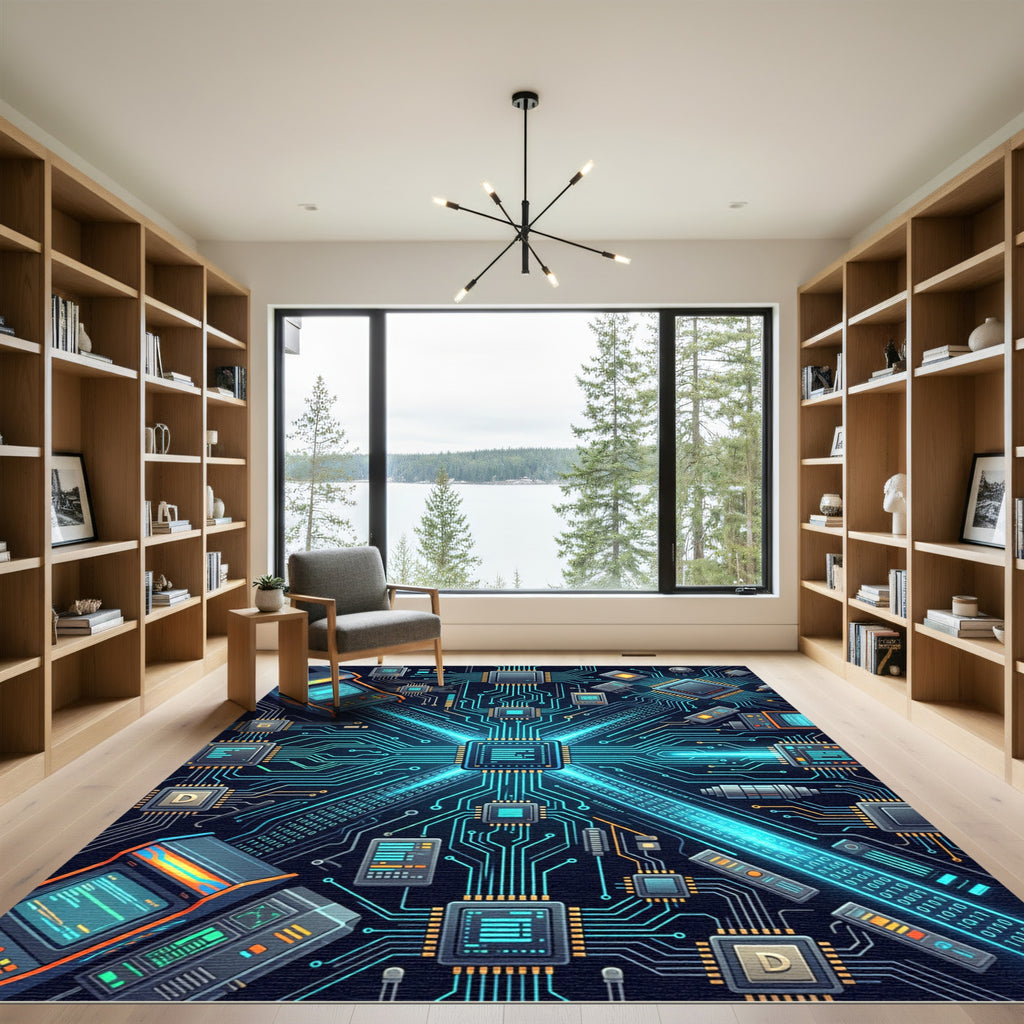 Neon Cyber Circuit Digital Tech Art Rug
